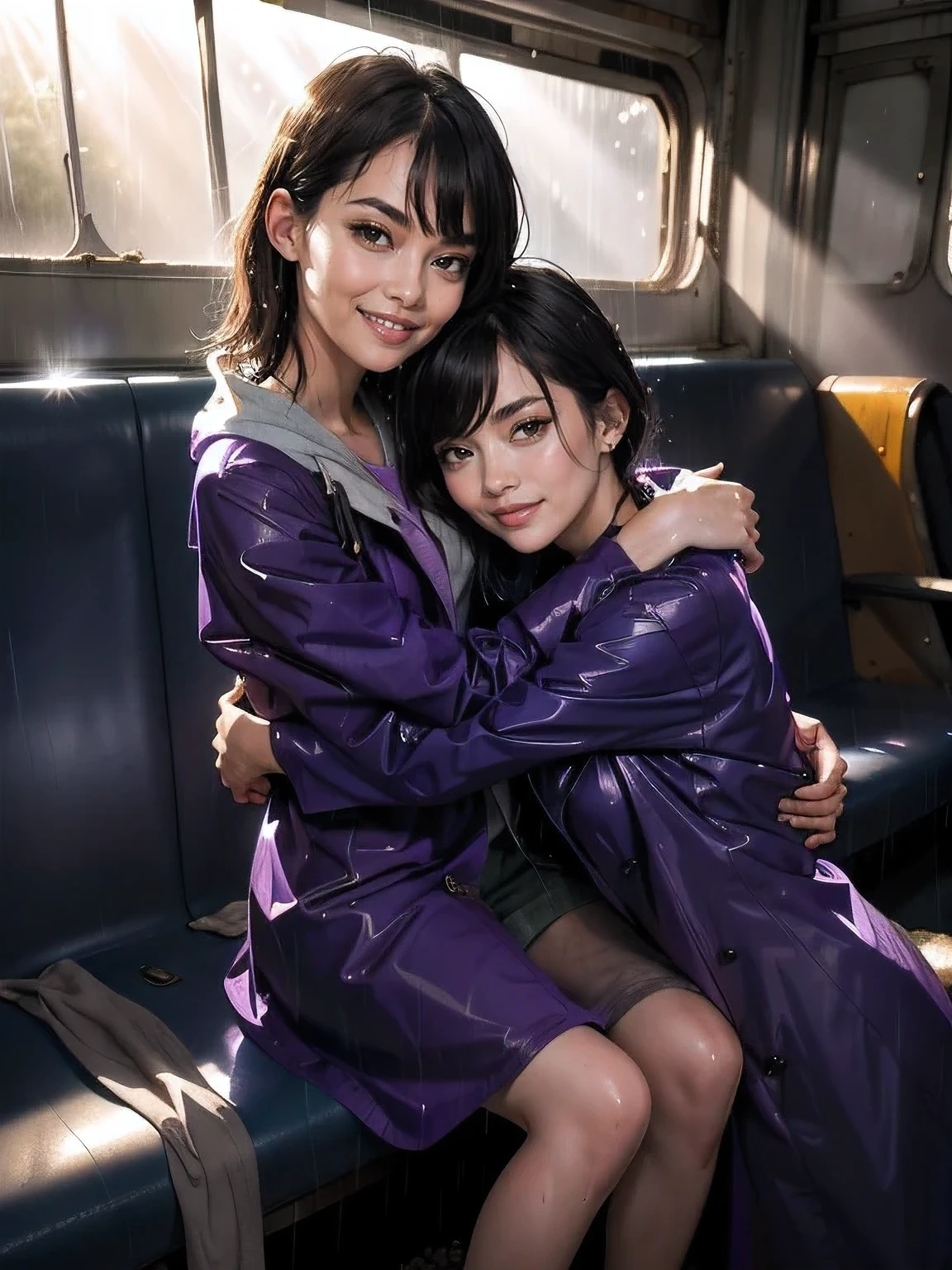 masterpiece, best quality, 2girls, (closeup), 18yo teen, slim, open purple raincoat, sitting, in abandoned train, hugging, lode, smile, heavy rain, downpour, flood, wasteland, grey, desolate, rain, sunny, (sun rays:1.3), watercolor,