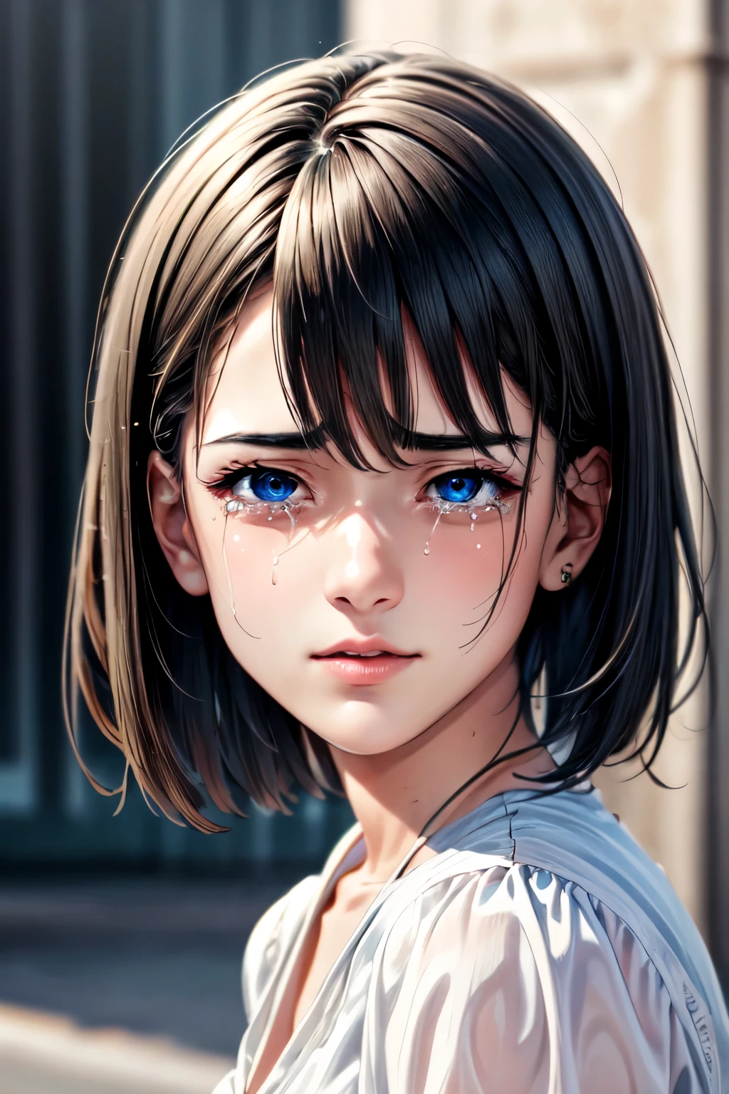 (Browsing Caution:-1), (masterpiece:1.3), (8k, Realistic, RAW Photos, highest quality: 1.4), (One girl), Beautiful Face, (Realistic Face), Beautiful hairstyle, (short hair :1.5), Realistic eyes, Beautiful fine details, (Realistic Skin), Beautiful Skin, (blouse), Absurd, Charm, Ultra-high resolution, Ultra-realistic, Very detailed, Golden Ratio, tearsぐむ表情,tears