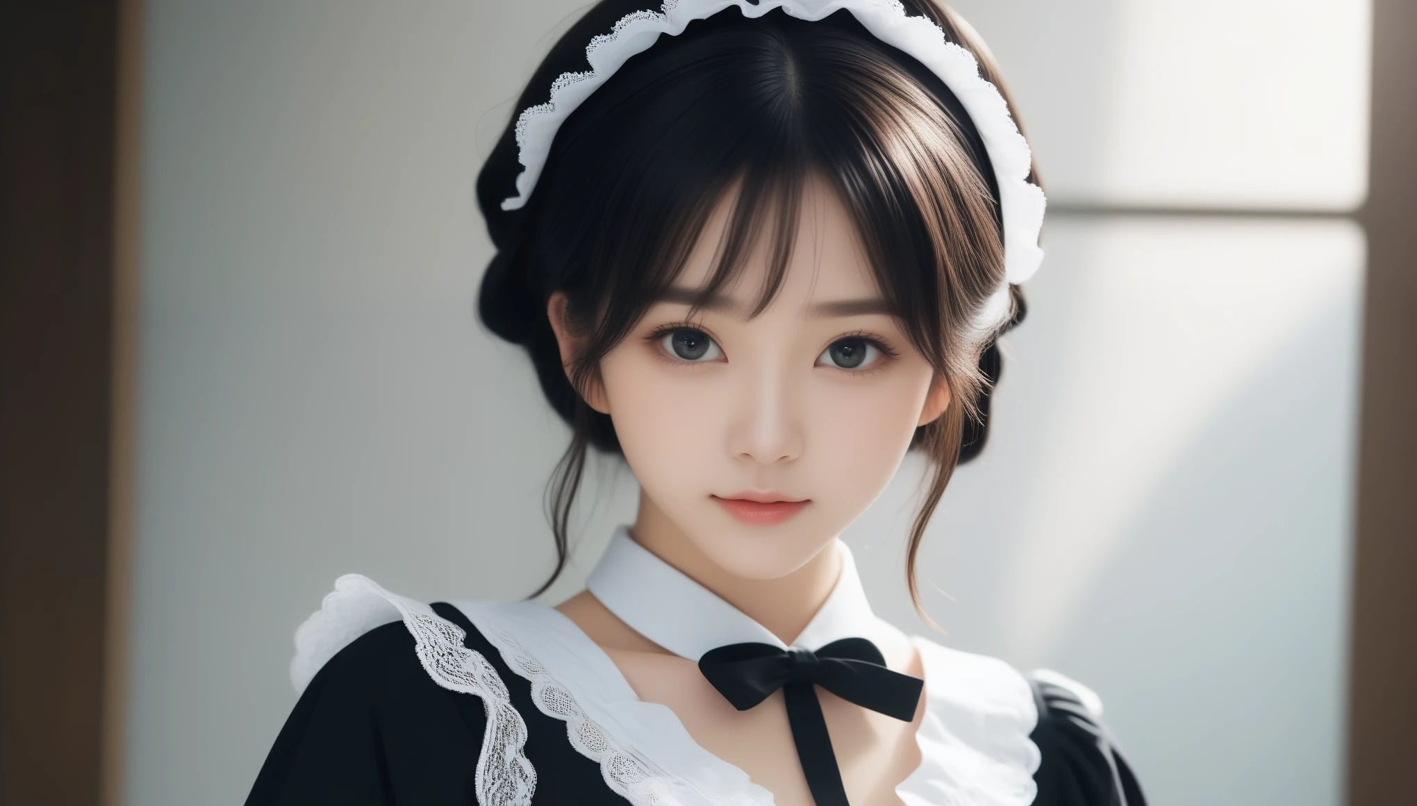 8K, Ultra-high resolution, highest quality, masterpiece, Surreal, photograph, 1 girl, (:1.3), pretty girl, Cute face, Beautiful eyes in every detail,masterpiece,Teenage Girl, alone, whole body, Black Hair, short hair with dull bangs, Japan Female Announcer, She stood and pinched her skirt between her fingers、Greetings Curtsy, She wears a black maid costume, With white lace collar, With breastplate、White colored apron with white lace ruffles on shoulder straps, White lace ruffled headdress, Shoes with black strap, Mucha style background 、Look at the audience、beauty,Long neck、Smile a little、Please close your mouth and laugh、(((Ideal body proportions))),A cup small breasts :2,、Portraiture:2、Perfect Anatomy、Vivid details、detailed、Surreal、Light and shadow,Strong light,Fashion magazine cover,Thin lips