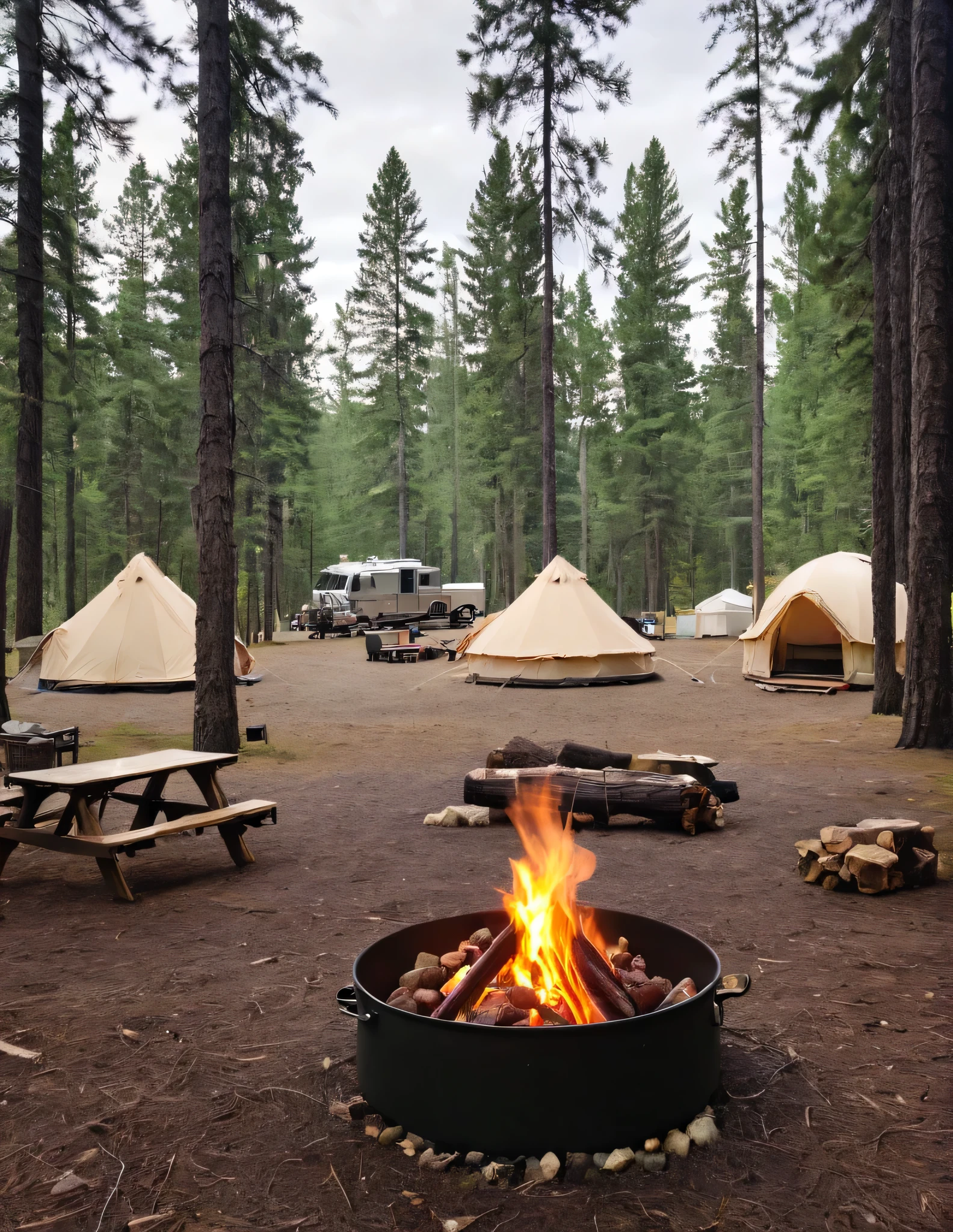 tents are set up in a forest with a fire pit, glamping, barrel fires and tents, tents, camping, camp fire, campsites, tent camp in foreground, camp, encampment, camps in the background, outdoors setting, tent architecture, (fire), campfire, outdoor campfire pit, cozy setting, at a campfire in the forest, outdoors