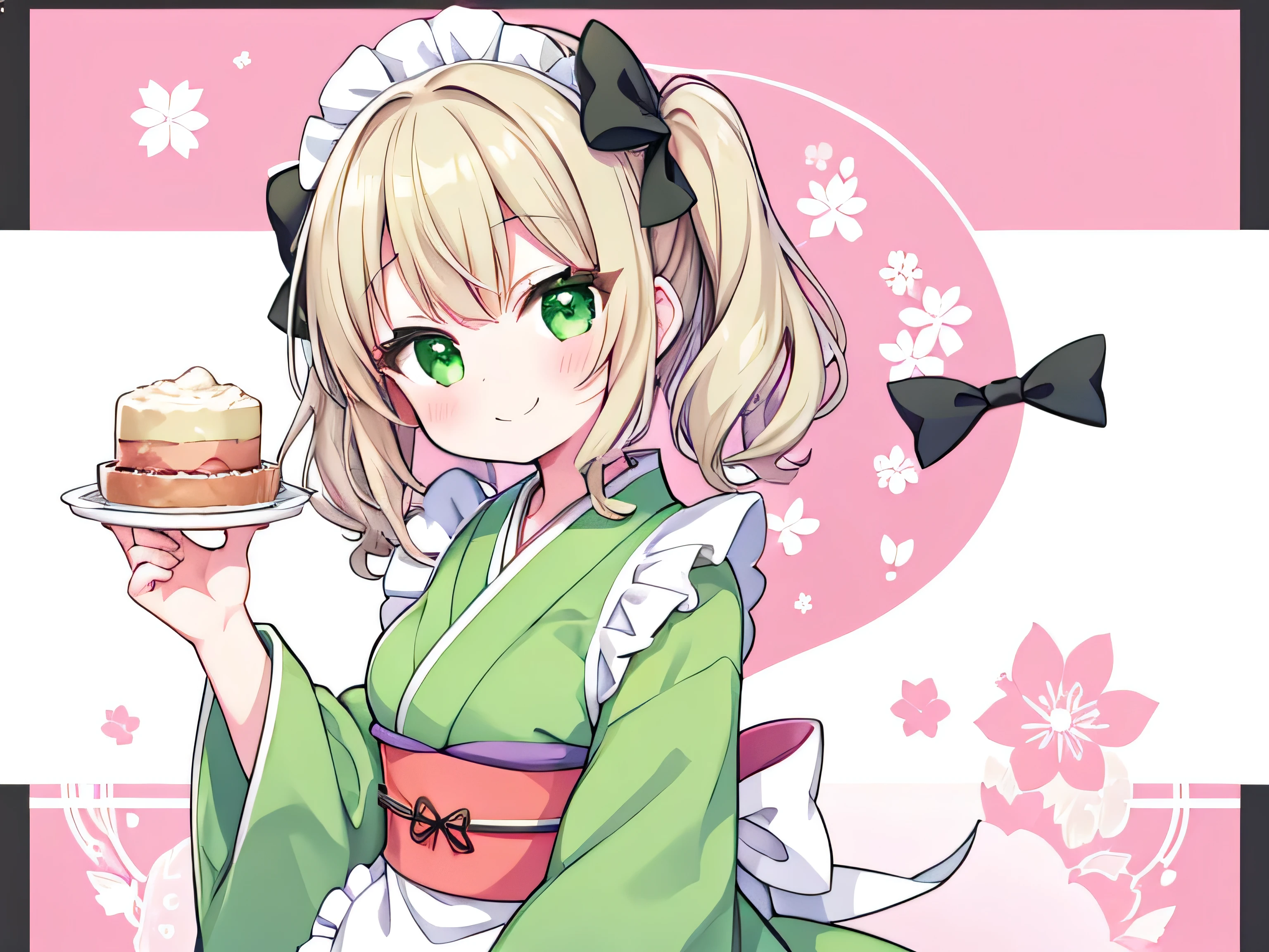 smile,beautiful,1 girl,(Kimono green maid outfit),wearing apron,Medium Hair,wavy hair,nyannyan