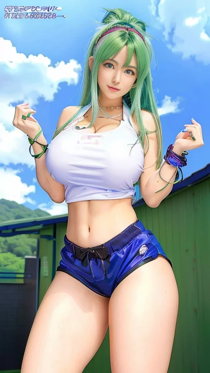 anime girl with green hair and blue shorts posing for a picture, Bulma from Dragon Ball, Saiyan Girl, Fubuki, 青green色の髪のアニメの女の子, Enchanting anime girl, Strongest pose, Muscular!, Akiri Toriyama, Big Breasts!!, Muscular!!, Muscular! green, Big Breasts!, by Kentaro Miura, tits