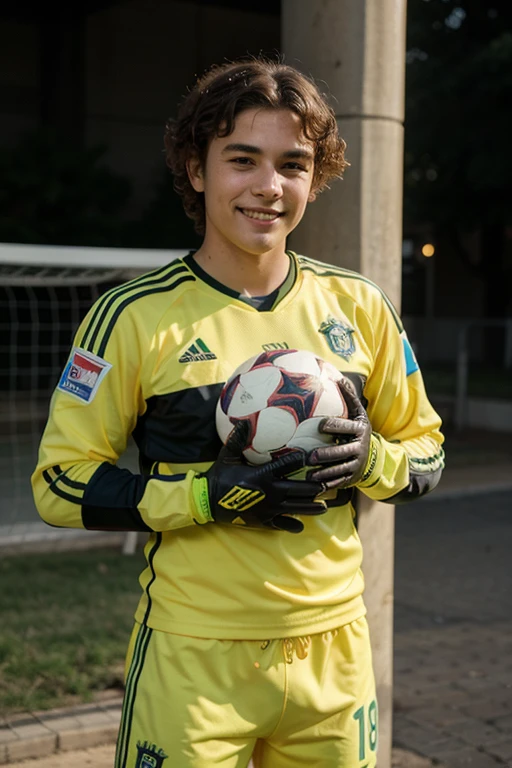 Young Brazilian soccer goalkeeper. 20 years old. Curly hair. Smiling. Dramatic light, male, goalkeeper gloves, yellow jersey, masterpiece, best quality, toy, action figure, plastic