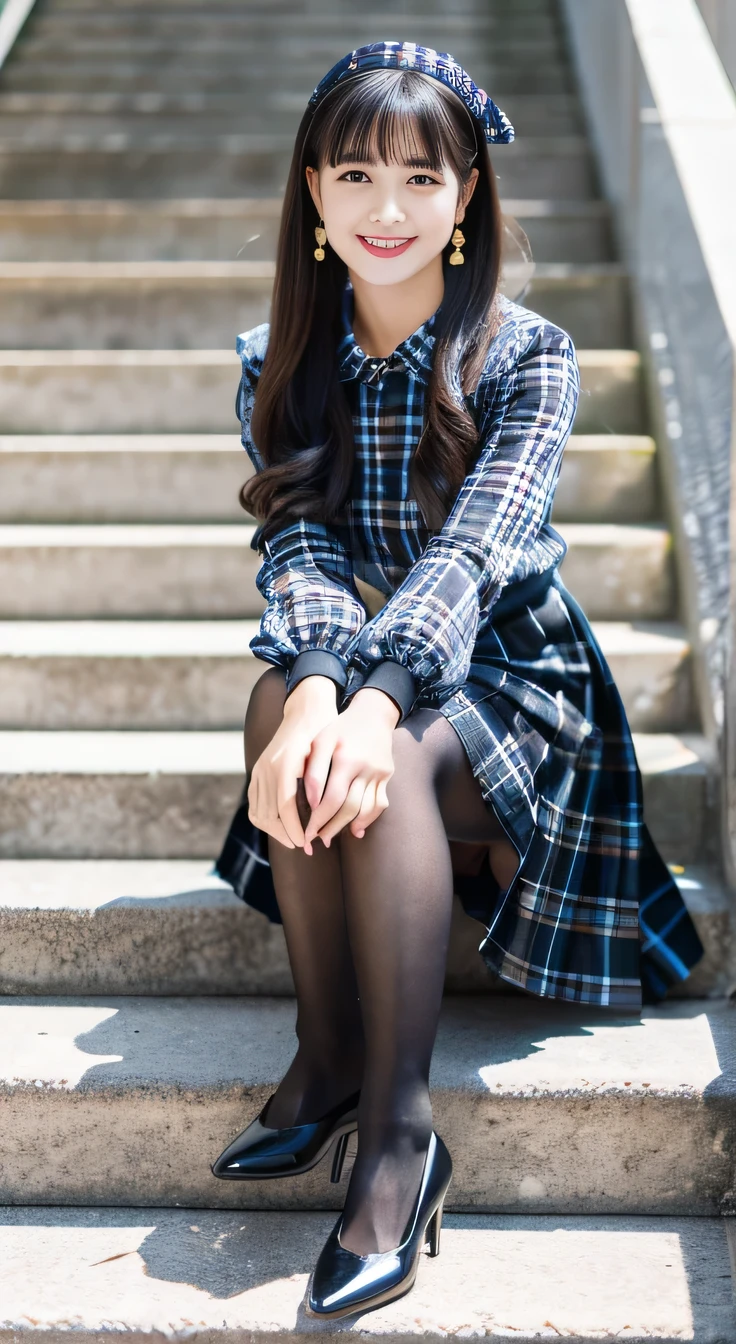 highest quality, Realistic, Very detailed, Finer details, High resolution, 8k wallpaper, One beautiful woman,Sit on the stairs、smile、Black tights、Long sleeve blouse、Checkered knee-length skirt、pumps、Black Hair、 Beautiful Bangs、ear piercing、Perfect dynamic composition, Beautiful and detailed, Full Body Shot, A big smile waiting to start
