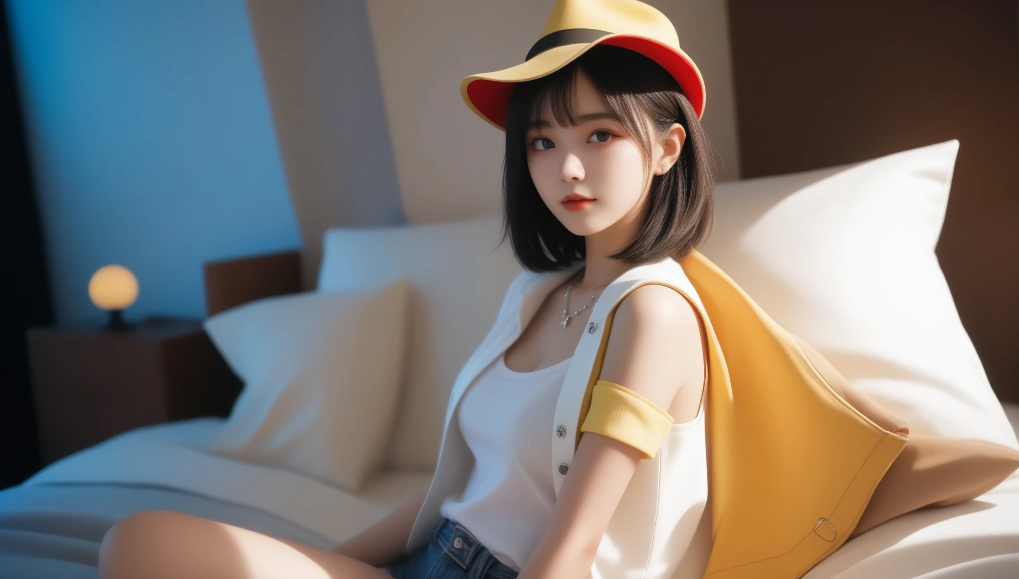 8K, Ultra-high resolution, highest quality, masterpiece, Surreal, photograph, 1 girl, (:1.3), pretty girl, Cute face, Beautiful eyes in every detail,masterpiece, One girl, Fine grain, (((Cowboy Shot))), Dynamic Lighting, Bedroom, Raisalin Stout, bangs, Black short bob, Jacket, leather, leather ベルト, Red shorts, Short shorts, No sleeve, No sleeve Jacket, Thick thighs, White Hat, yellow Jacket, Medium chest, Star Necklace, Lens flare, short hair, ((From above)), look up, Sitting on the bed, 、Look at the audience、beauty,Long neck、Smile a little、Please close your mouth and laugh、(((Ideal body proportions))),A cup small breasts :2,、Portraiture:2、Perfect Anatomy、Vivid details、detailed、Surreal、Light and shadow,Strong light,Fashion magazine cover,Thin lips