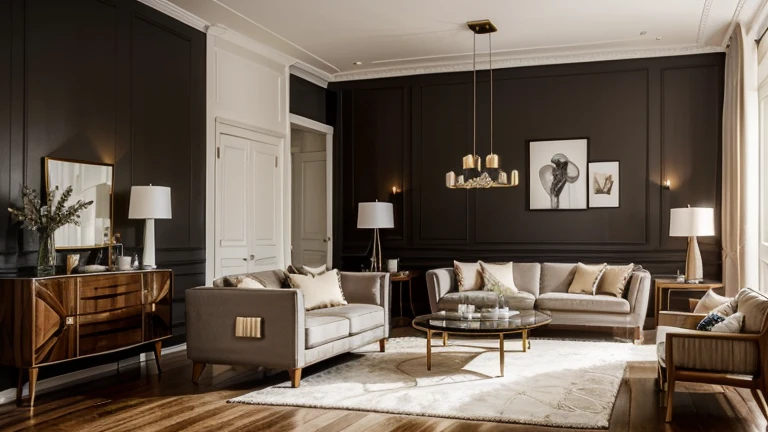 Stylish compositon of modern living room interior with frotte armchair, wooden commode, side table and elegant home accessories. Home staging. Template. Copy space..Dining room in the background