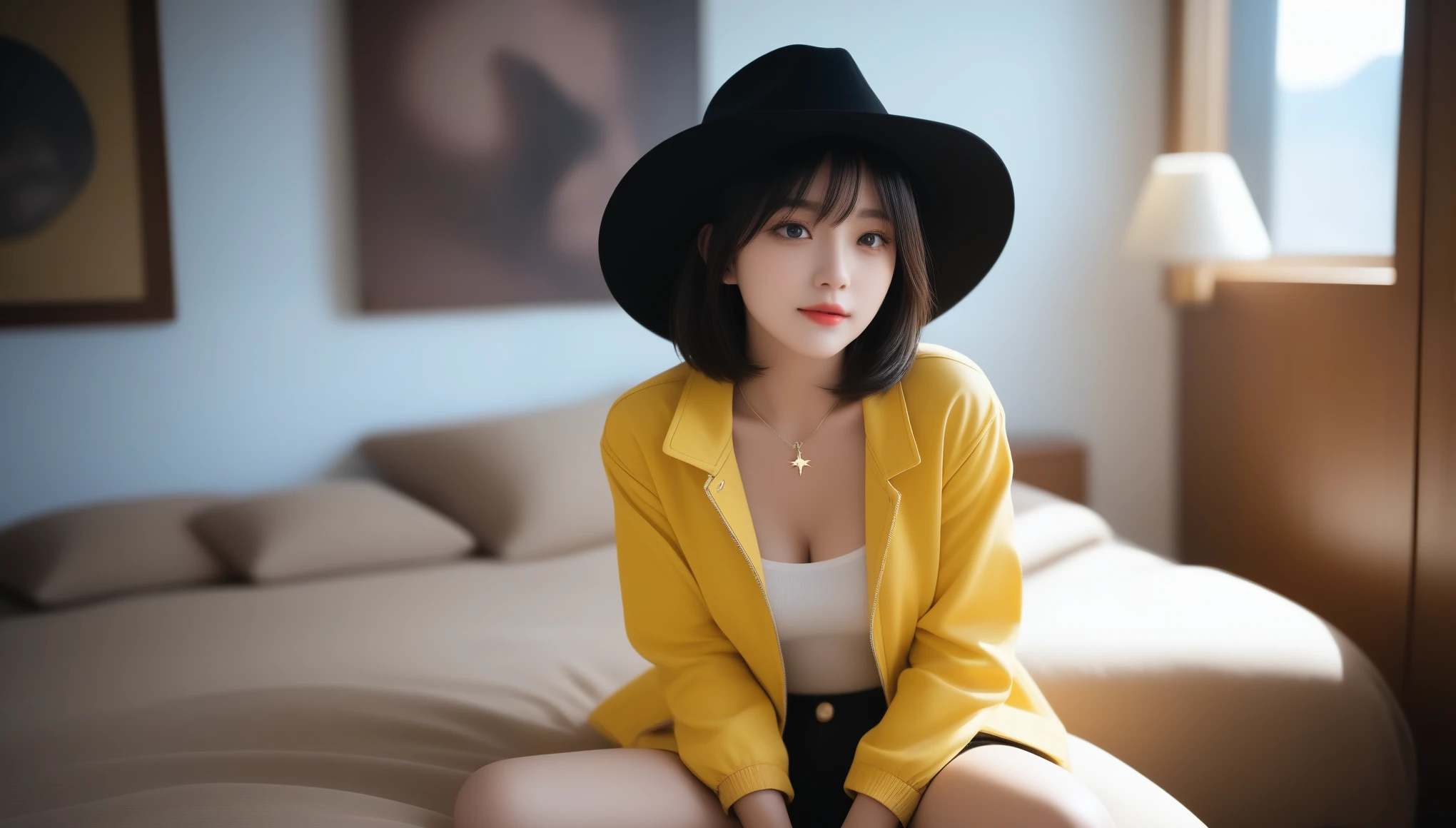 8K, Ultra-high resolution, highest quality, masterpiece, Surreal, photograph, 1 girl, (16 years old:1.3), pretty girl, Cute face, Beautiful eyes in every detail,masterpiece, One girl, Fine grain, (((Cowboy Shot))), Dynamic Lighting, Bedroom, Raisalin Stout, bangs, Black short bob, Jacket, leather, leather ベルト, Red shorts, Short shorts, No sleeve, No sleeve Jacket, Thick thighs, White Hat, yellow Jacket, Medium chest, Star Necklace, Lens flare, short hair, ((From above)), look up, Sitting on the bed, 、Look at the audience、beauty,Long neck、Smile a little、Please close your mouth and laugh、(((Ideal body proportions))),A cup small breasts :2,、Portraiture:2、Perfect Anatomy、Vivid details、detailed、Surreal、Light and shadow,Strong light,Fashion magazine cover,Thin lips
