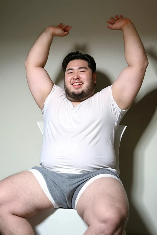 ((highest quality)), ((masterpiece)), (detailed), Perfect Face、Short Hair、Young Japanese、Fat body、Big guy、Sitting and spreading your crotch、White shorts、Emphasis on genitalasculine face、Happy Face、Thick legs、Thick arms、Thick neck、Raising his arms