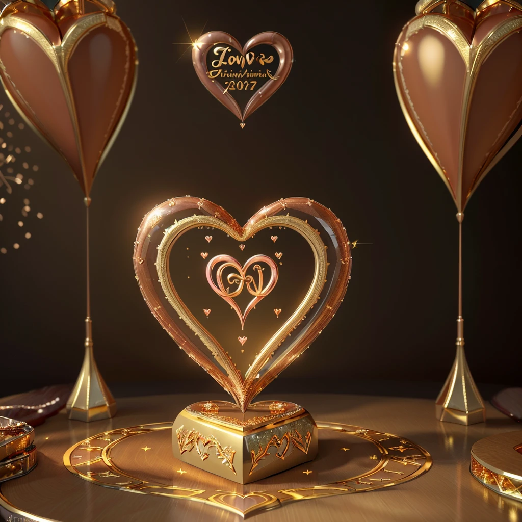 A captivating 3D rendering of a luxurious crystal heart, intricately engraved with the name "LOVE , I Love You" in bold, cursive gold typography. The heart emits a warm, golden glow, contrasting beautifully against the backdrop of illuminated trees and twinkling gold balloons. The festive atmosphere is further enhanced by the presence of the heart, which exudes elegance and sophistication. This enchanting creation masterfully combines complex design, a celebratory ambiance, and exceptional 3D rendering, making it the perfect addition to any festive occasion. The blend of illustration, photography, product design, typography, and 3D rendering creates an unforgettable and visually captivating experience., typography, illustration, photo, product, 3d render