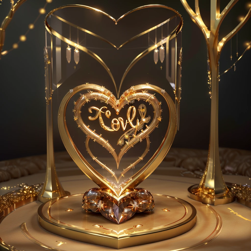 A captivating 3D rendering of a luxurious crystal heart, intricately engraved with the name "LOVE , I Love You" in bold, cursive gold typography. The heart emits a warm, golden glow, contrasting beautifully against the backdrop of illuminated trees and twinkling gold balloons. The festive atmosphere is further enhanced by the presence of the heart, which exudes elegance and sophistication. This enchanting creation masterfully combines complex design, a celebratory ambiance, and exceptional 3D rendering, making it the perfect addition to any festive occasion. The blend of illustration, photography, product design, typography, and 3D rendering creates an unforgettable and visually captivating experience., typography, illustration, photo, product, 3d render