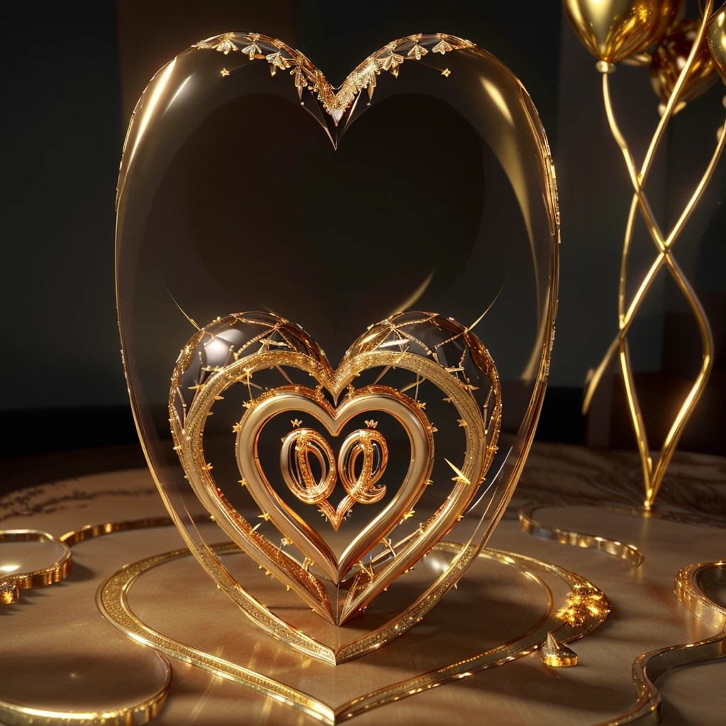 A captivating 3D rendering of a luxurious crystal heart, intricately engraved with the name "LOVE , I Love You" in bold, cursive gold typography. The heart emits a warm, golden glow, contrasting beautifully against the backdrop of illuminated trees and twinkling gold balloons. The festive atmosphere is further enhanced by the presence of the heart, which exudes elegance and sophistication. This enchanting creation masterfully combines complex design, a celebratory ambiance, and exceptional 3D rendering, making it the perfect addition to any festive occasion. The blend of illustration, photography, product design, typography, and 3D rendering creates an unforgettable and visually captivating experience., typography, illustration, photo, product, 3d render