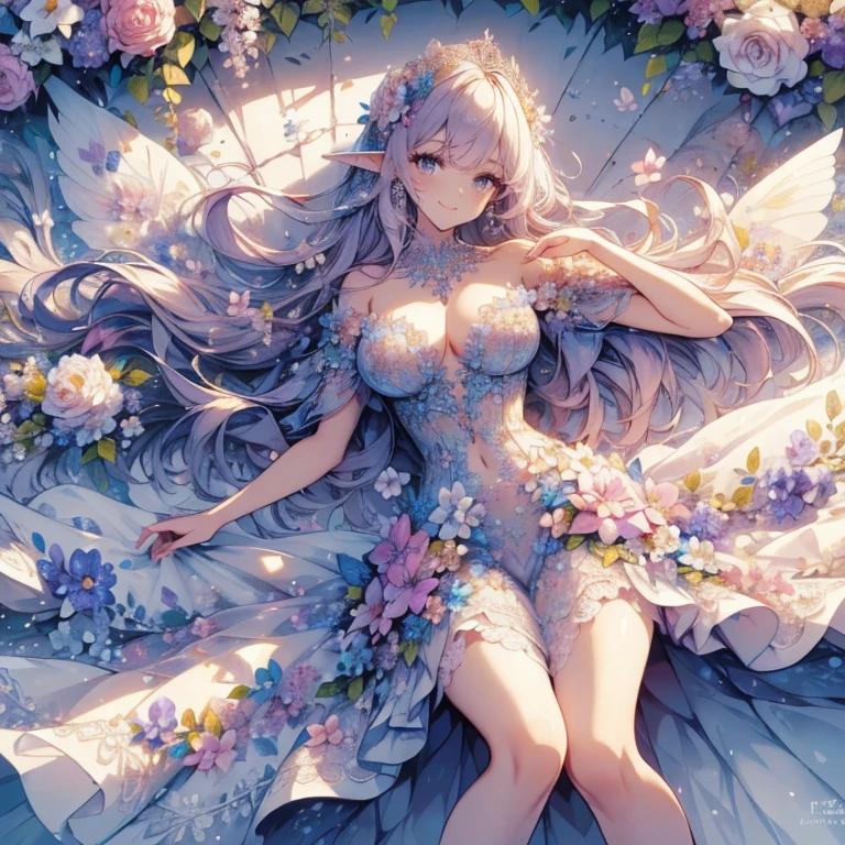 (highest quality, masterpiece, Super detailed, very detailed, exquisite, 16k,Full HD),A little closer,golden ratio,dramatic lighting,pastel colour,seems to be happy,fly in the sky,soft lighting, ((alone:1.5)),(blue sky,morning sky,Sunny),magical forest,flower,wood,Flower Field,Leaves and petals fluttering,From above,((head shot)),Flowers filling the screen,(fairy princess, purple eyes, long eyelashes,white skin,slim,pale pink plump lips,pale pink cheeks, The wind is blowing,blonde,thin and long,(thin and high nose,small nose),(From above her waist, a giant fairy wing),The magic of flower,flower tiara,diamond earrings,Diamond Choker,(White ball gown dress with flower petal motif, A dress decorated with flowers,lace and ruffles),(smile:1.2), (fantasy, romantic atmosphere),