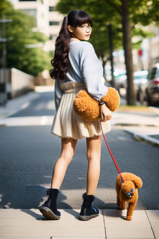 a japanese girl, A woman is walking with a toy poodle, 8k, super detail, best quality, (photorealistic:1.5), (full body:1.5), (long hair)
