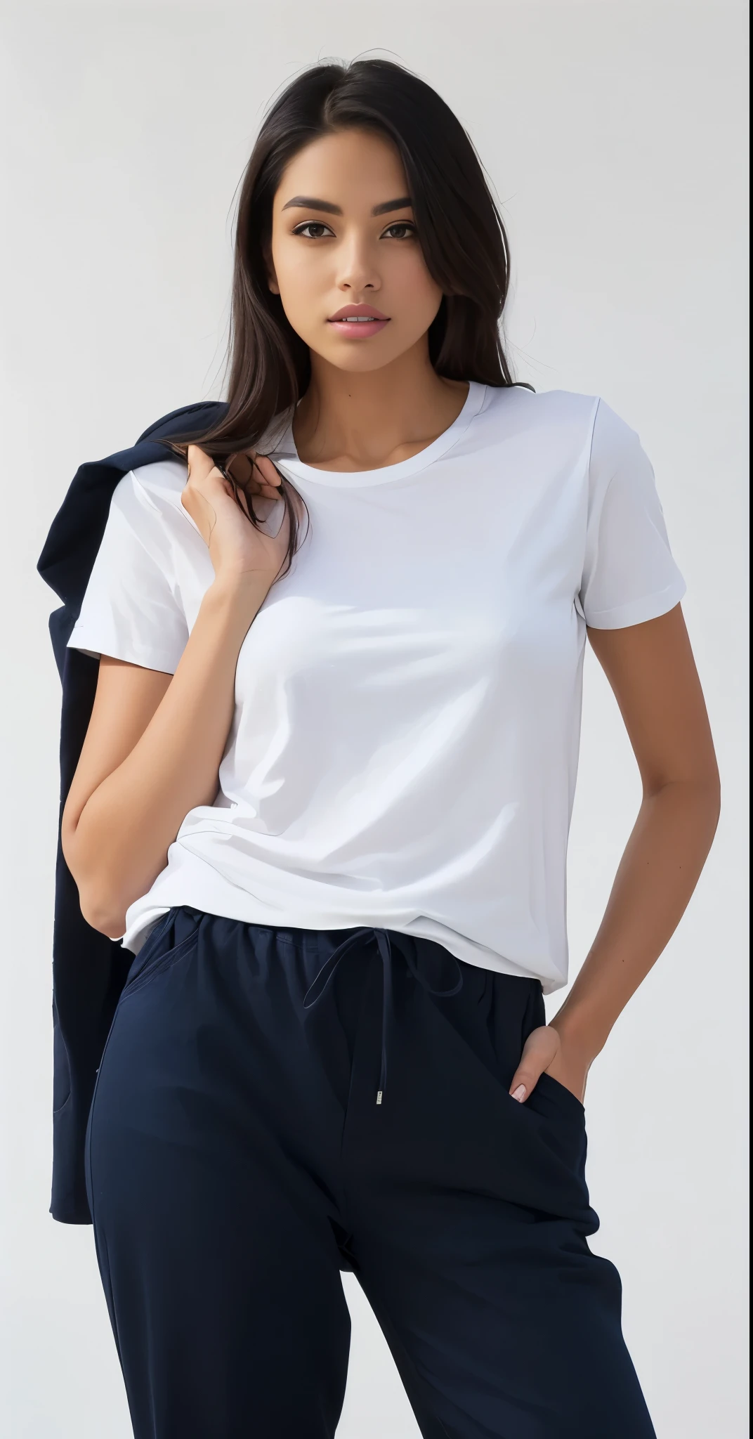 Arafa woman in a white shirt and blue pants posing for a photo, vestido com uma camiseta branca, camiseta branca, camiseta branca, camiseta branca, dressed in a camiseta branca, plain camiseta branca, vestindo shorts e camiseta, vestindo uma camiseta, Roupas brancas, Basic clothes, vestindo camisa branca, roupa branca casual