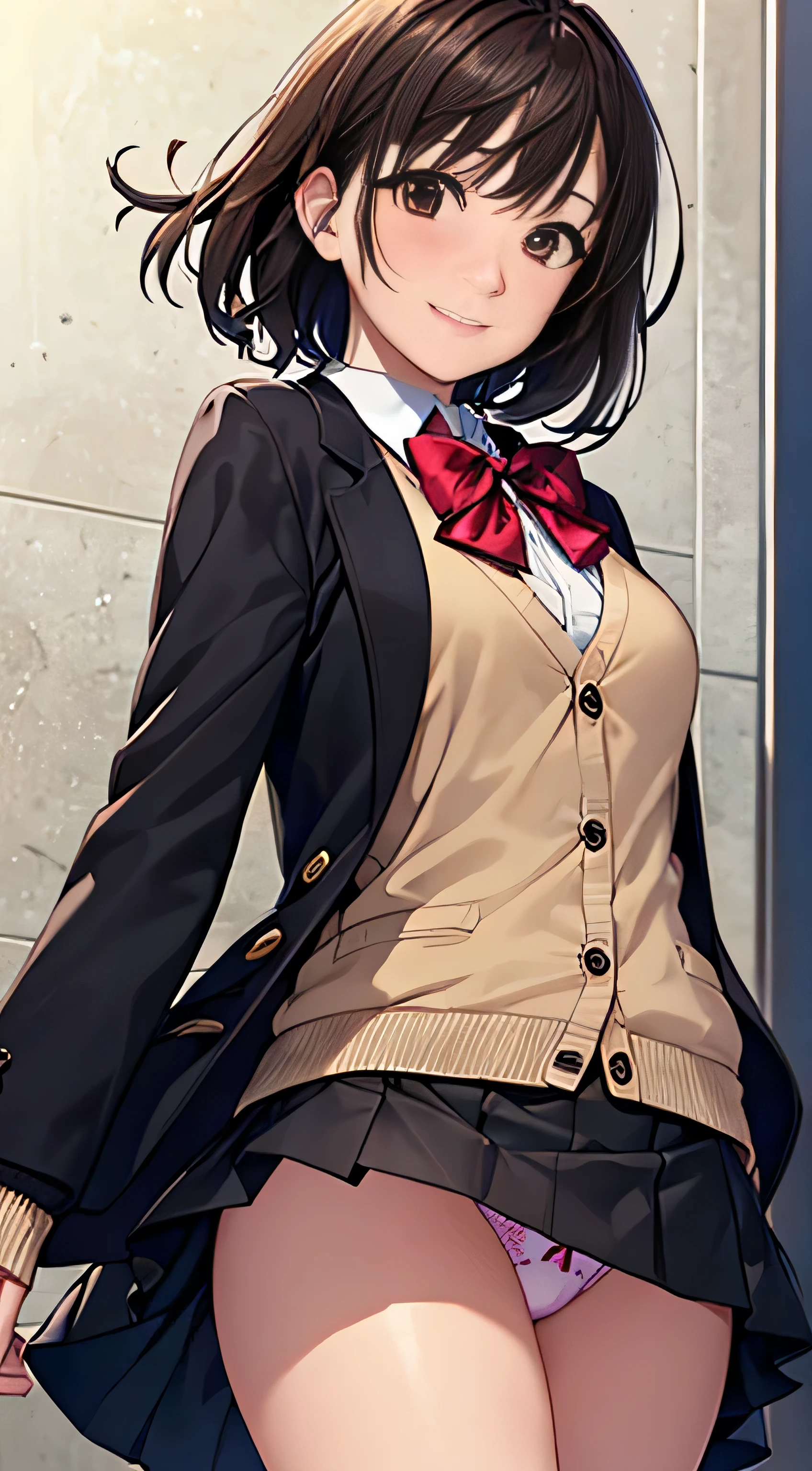 ((Tabletop, highest quality, High resolution, , Perfect Pixel, 4K,))), 1 high school girl, single, alone, beauty、The whole body is visible、 ((Mid-wave hair, bangs, Brown Hair)), ((Brown eyes, Beautiful eyelashes, Realistic eyes)), ((Detailed face, Blushing:1.2)), ((Smooth texture:0.75, Realistic texture:0.65, Realistic:1.1, Anime CG Style)), Medium Chest, Dynamic Angle, Perfect body, ((Red bow tie, , Black jacket, Open jacket, Brown cardigan, White shirt, Black Skirt, Check skirt)), 、、Very embarrassing panic smile, looked back、Leaning forward、The wind is blowing and my underwear is completely visible、Touch your buttocks with both hands、White and pink floral lace panties、Angle from below)、