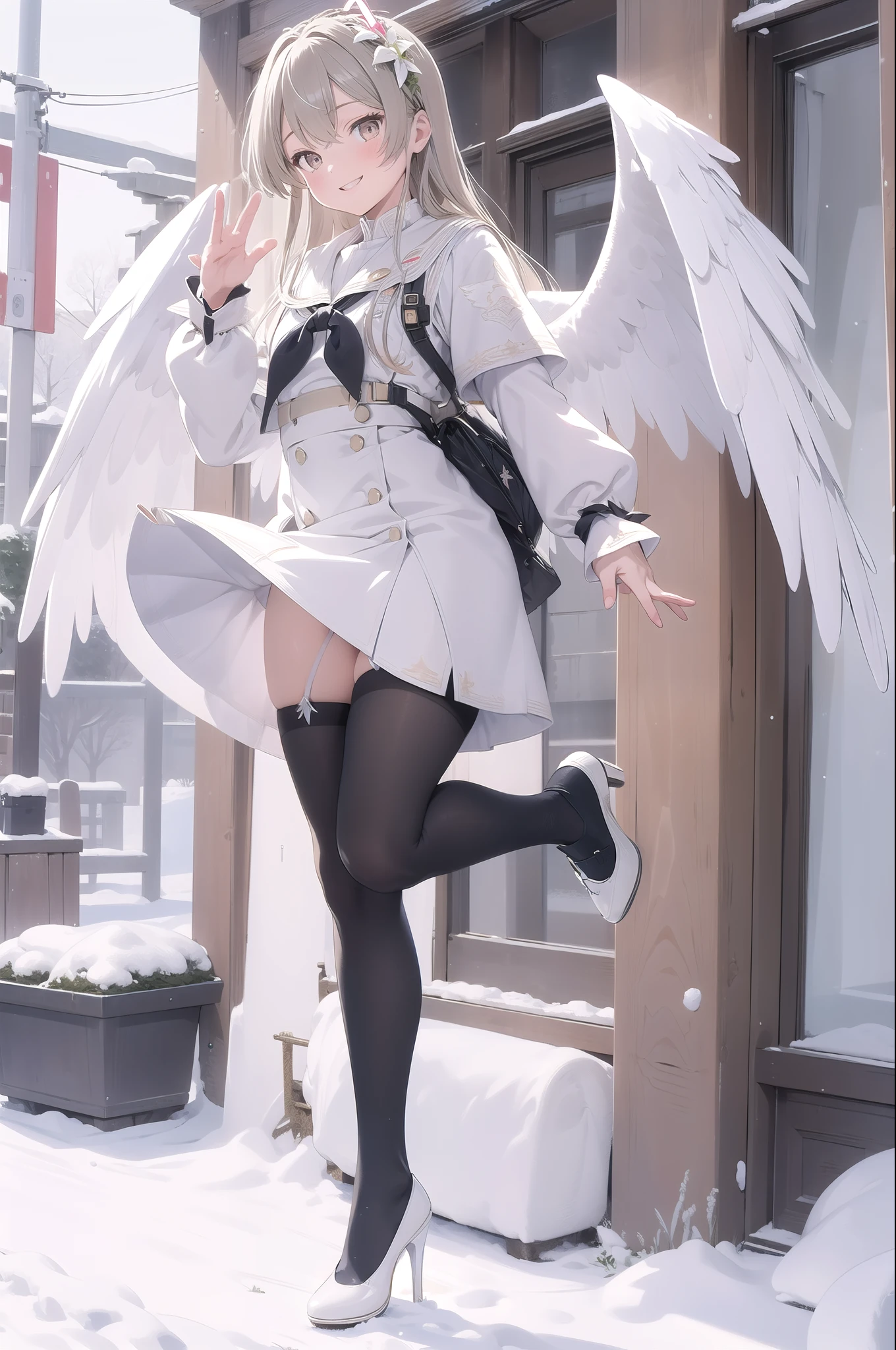 (masterpiece:1.3), (absurdres:1.3), (best quality:1.3), (ultra-detailed:1.3), snow, outdoors, full body, waving, smile, 1girl, nagisa-fi, halo, white wings, long sleeves, white dress, sailor collar, capelet, white skirt, black pantyhose, white high heels,Big angel wings、Big Wings、