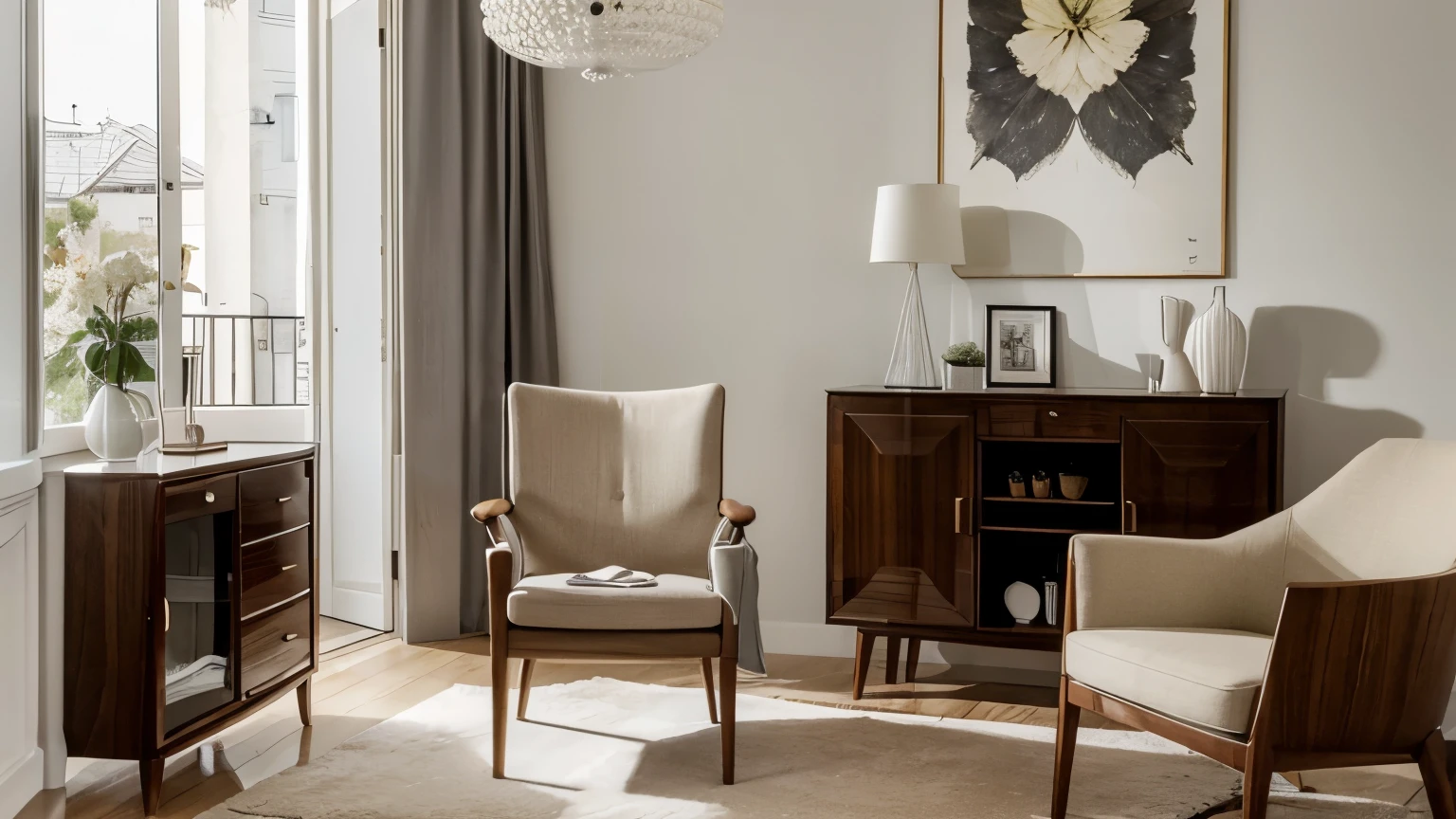 Stylish compositon of modern living room interior with frotte armchair, wooden commode, side table and elegant home accessories. Home staging. Template. Copy space..Dining room in the background
