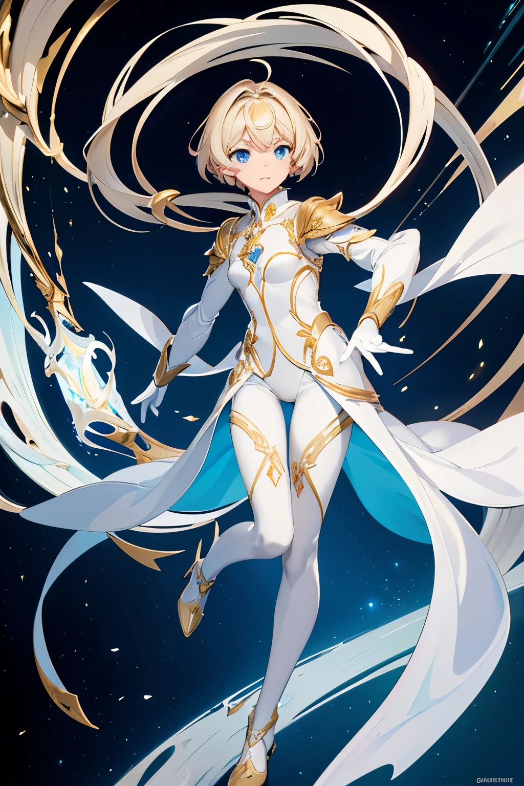 Anime girl with short blond hair and blue eyes in a white suit, белый suit with gold, concept art, inspired by Lee Chevalier, ArtStation, fantasy art, portrait girl knights of the zodiac, girl knights of the zodiac, very detailed exquisite fanart, Extremely detailed Artgerm, portrait anime space girl, гладкое аниме cg art, anime goddess, ! dream art embryo, Short stature, small, All-white suit, suit with gold, suit without stones, suit without bulges,