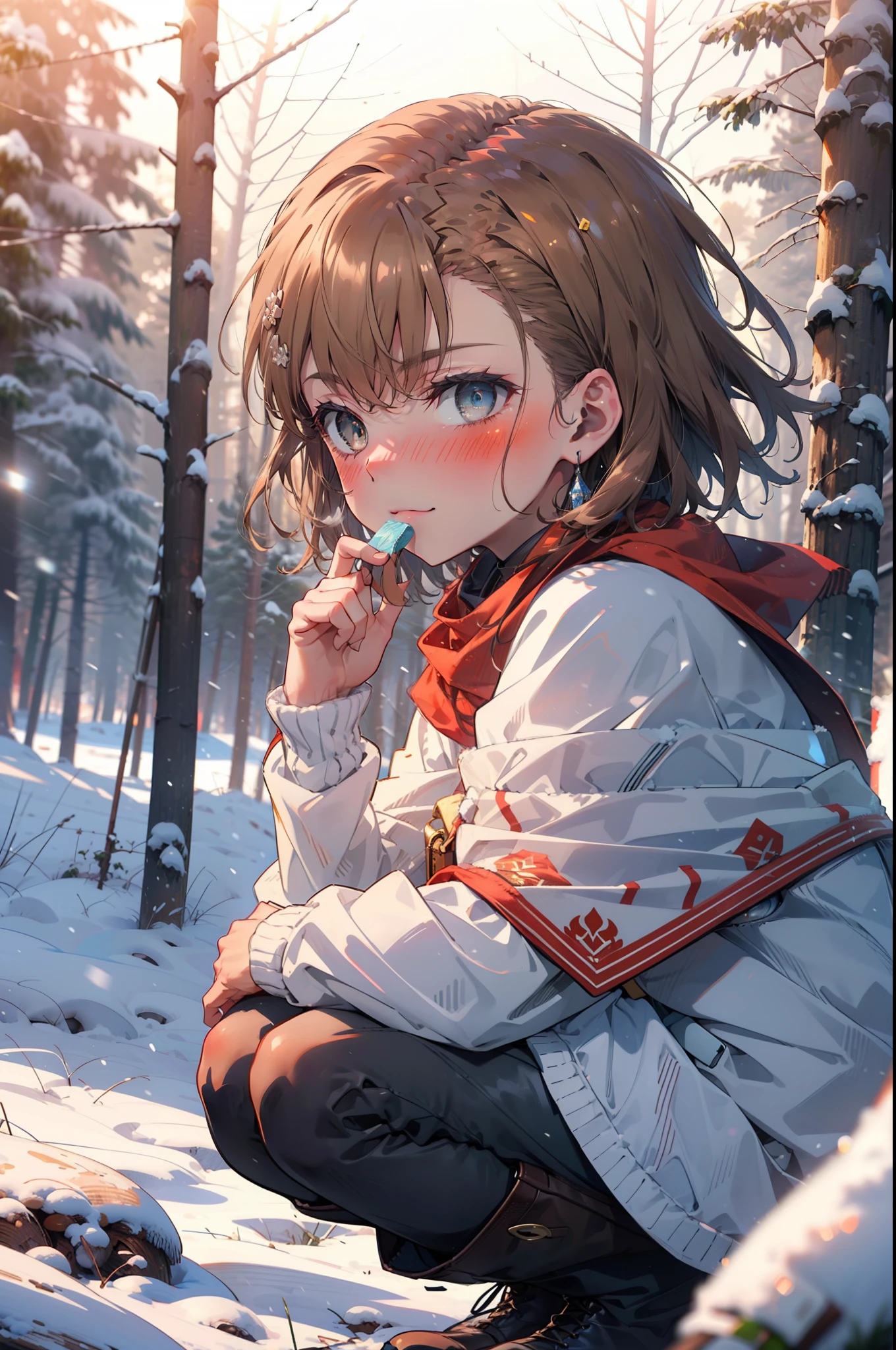 Mycotrose, Brown eyes,Brown Hair,short hair,smile,blush,White Breath,
Open your mouth,snow,Ground bonfire, Outdoor, boots, snowing, From the side, wood, suitcase, Cape, Blurred, Increase your meals, forest, White handbag, nature,  Squat, Mouth closed, フードed Cape, winter, Written boundary depth, Black shoes, red Cape break looking at viewer, Upper Body, whole body, break Outdoor, forest, nature, break (masterpiece:1.2), highest quality, High resolution, unity 8k wallpaper, (shape:0.8), (Beautiful and beautiful eyes:1.6), Highly detailed face, Perfect lighting, Highly detailed CG, (Perfect hands, Perfect Anatomy),