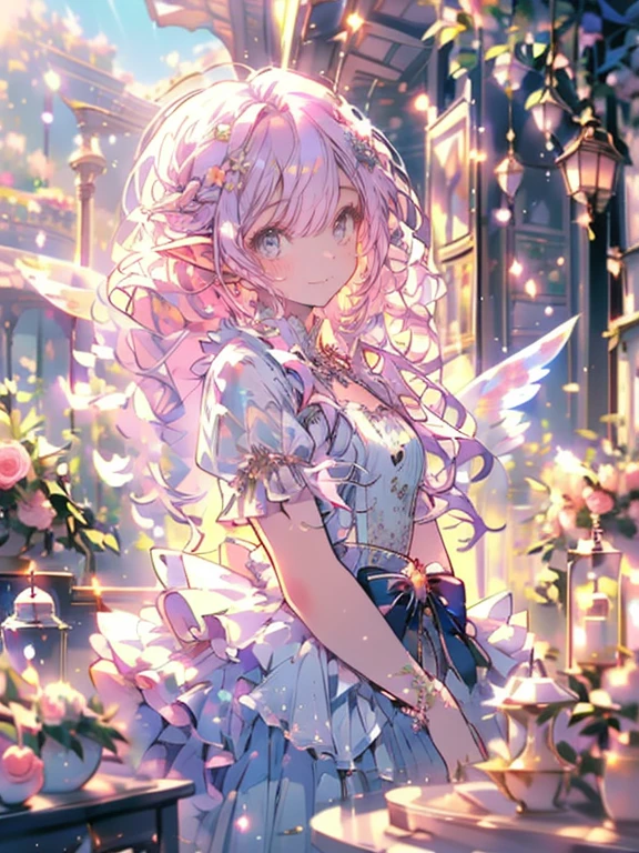 (masterpiece,highest quality, very detailed, beautiful, exquisite, 16k, Full HD), (Asahi,sunlight,Sunny,petals dance,flower garden),((smile,Happy:1.5)),get up,((frills, rhinestones and flowers,Sparkling fluffy layered ball gown)), lots of flowers,Floral decoration,((Surrounded by roses)),((giant white fairy wings)),(pink medium hair,hair blowing in the wind, wavy hair,fluffy hair),(white skin,lavender eyes, long eyelashes, Big eyes,pale pink cheeks, pointed ears),dazzling light, warm lighting, (pastel colour,table top, art station, fantasy art:1.2), 