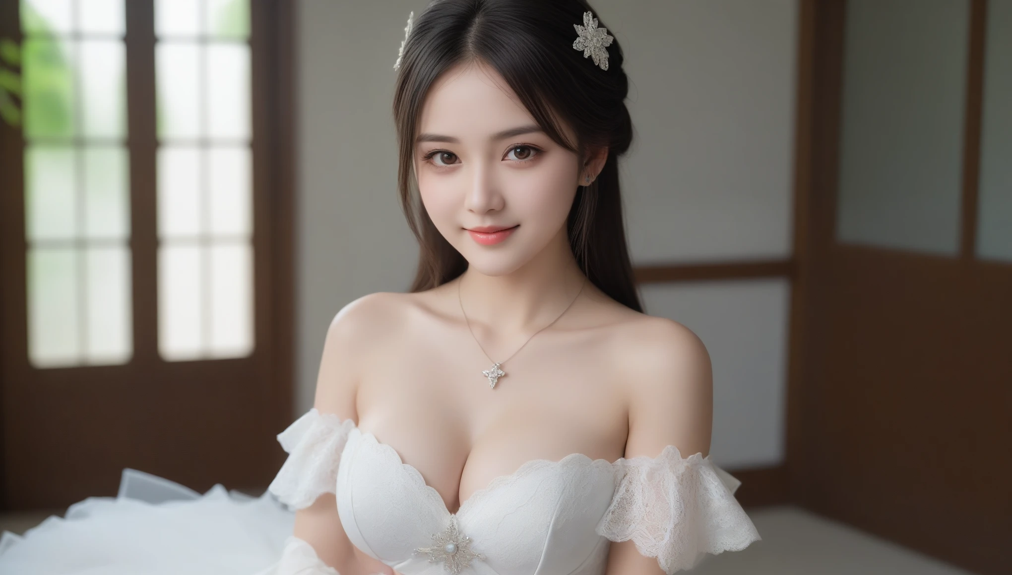 8K, Ultra-high resolution, highest quality, masterpiece, Surreal, photograph, 1 girl, (:1.3), pretty girl, Cute face, Beautiful eyes in every detail,masterpiece,((Tabletop)), (((highest quality))), ((非常にdetailedな)), ((figure)), ((Disheveled Hair)), ((Frills)), (1 girl), (alone), Double Tail, (Yellow Eyes:1.2), Heterochromatic, (Red eyes:1.2),Exposing shoulders , Black Hair , blush , chest , Bridal Veil , bride , clavicle, chestの谷間, pull clothes, clothing , dress , Elbow Groove , Eyebrows visible through hair, woman , womanのみ , Mitt, Goa , ヘッドdress , Holding , Have clothes , Stored Objects , jewelry , Large chest , Leaning forward , Long Hair , Displaying the viewer , necklace, No bra , petal , Red eyes,Wearing a kilt hold , Skirt flip , Pulling on skirt, smile , alone , star , No shoulder strap, ストラップレスdress , Tying up hair, Double Tail , Light Thread , wedding style , (ウェディングdress:1.2) , White gloves ,White lace underwear、White Stockings、Dynamic pose with wide open legs、Look at the audience、beauty,Long neck、Smile a little、Please close your mouth and laugh、(((Ideal body proportions))),A cup small breasts :2,、Portraiture:2、Perfect Anatomy、Vivid details、detailed、Surreal、Light and shadow,Strong light,Fashion magazine cover,Thin lips
