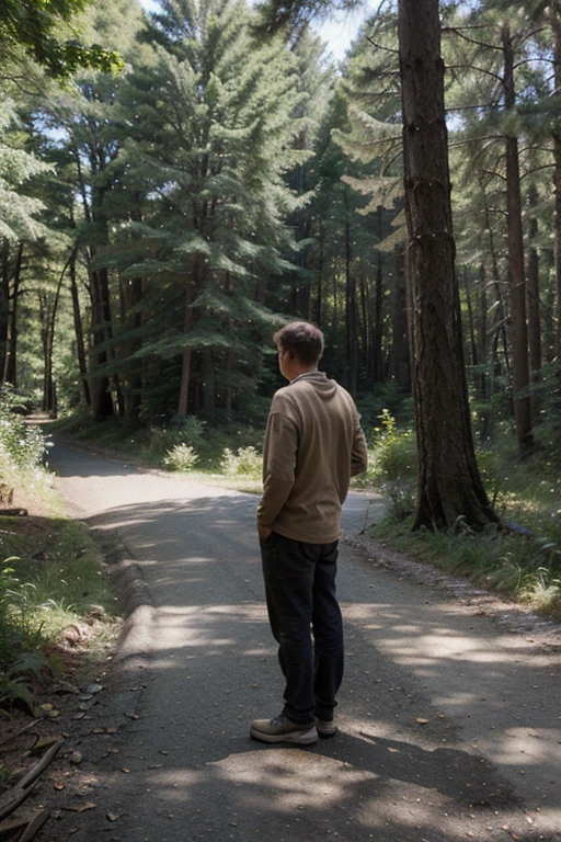 A man standing at a fork in a yellow-wooded forest, contemplating which of two distinctly separate roads to take—one veering left and the other right.