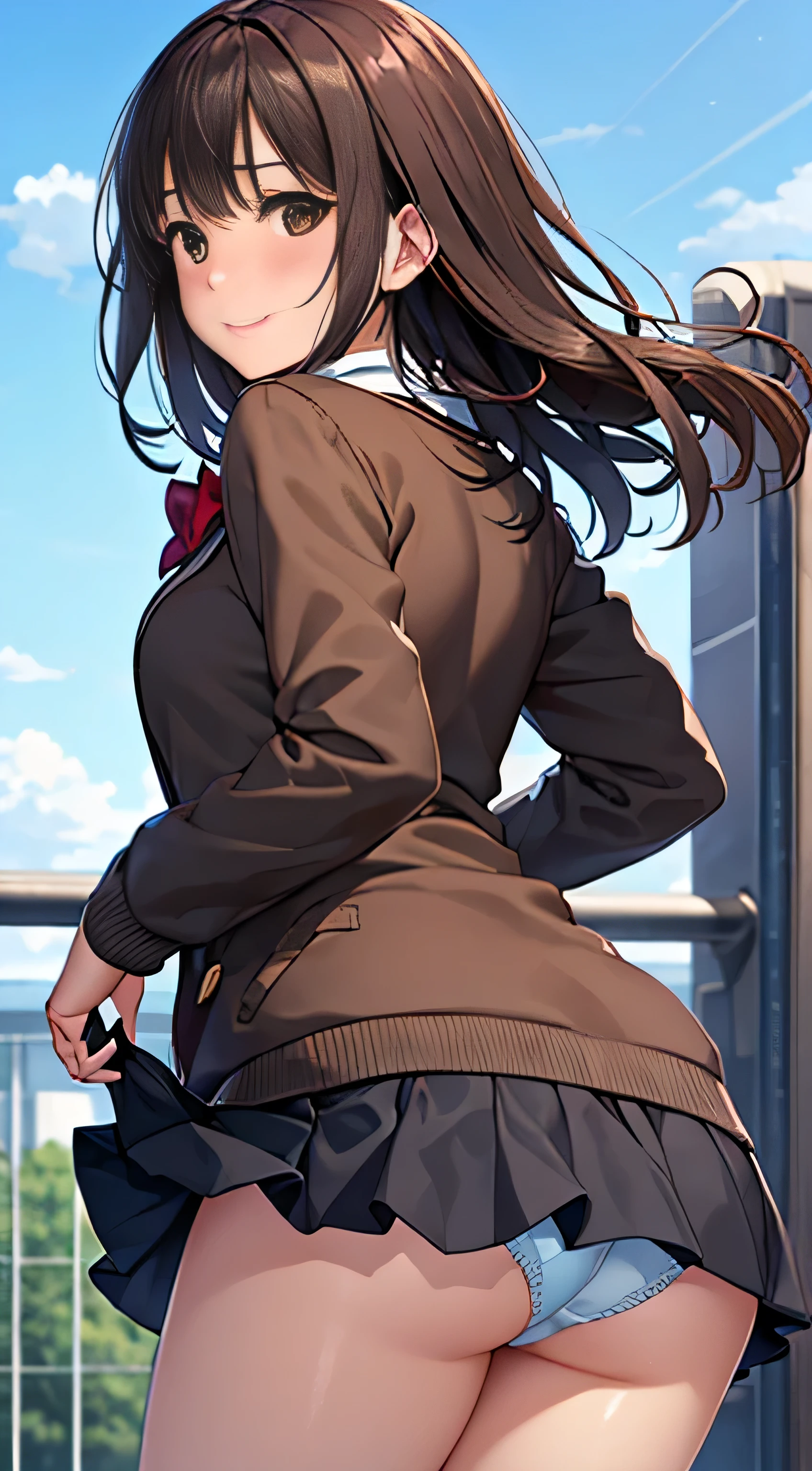 ((Tabletop, highest quality, High resolution, , Perfect Pixel,  4K,))), 1 high school girl, single, alone, beauty、The whole body is visible、 ((Mid-wave hair, bangs, Brown Hair)), ((Brown eyes, Beautiful eyelashes, Realistic eyes)), ((Detailed face, Blushing:1.2)), ((Smooth texture:0.75, Realistic texture:0.65, Realistic:1.1, Anime CG Style)), Medium Chest, Dynamic Angle, Perfect body,  ((Red bow tie, , Black jacket, Open jacket, Brown cardigan, White shirt, Black Skirt, Check skirt)), 、、Very embarrassing panic smile, looked back、Leaning forward、The wind is blowing and my underwear is completely visible、Touch your buttocks with both hands、white and light blue floral lace panties、Angle from below)、