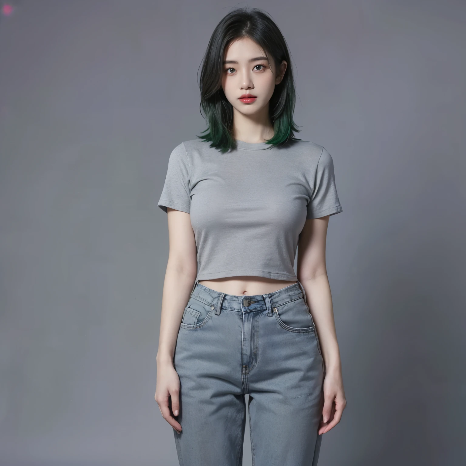 21yo girl, green hair, (bob Hair). Wearing dark green t-shirt, natural big breast, ((wearing gray denim pants)), standing pose, gray background