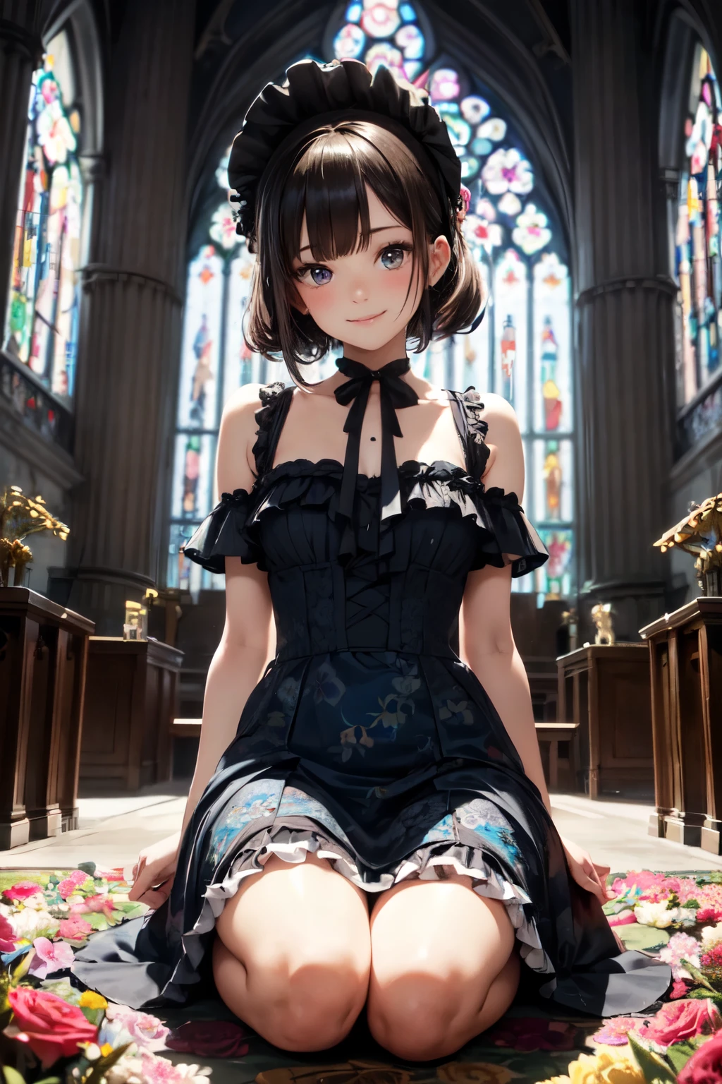 very cute and beautiful girl,(highly detailed beautiful face and eyes),(smile),blush,black hair,looking at viewer, (floral pattern blue ta dress with detailed frills),detailed lace, kneeling,arms behind back,altar,church,indoors, (best quality,masterpiece),absurdres,highres,ultra-detailed,extremely detailed,32k,8k resolution, intricate details,cinematic scene,detailed background,solo,dynamic angle,