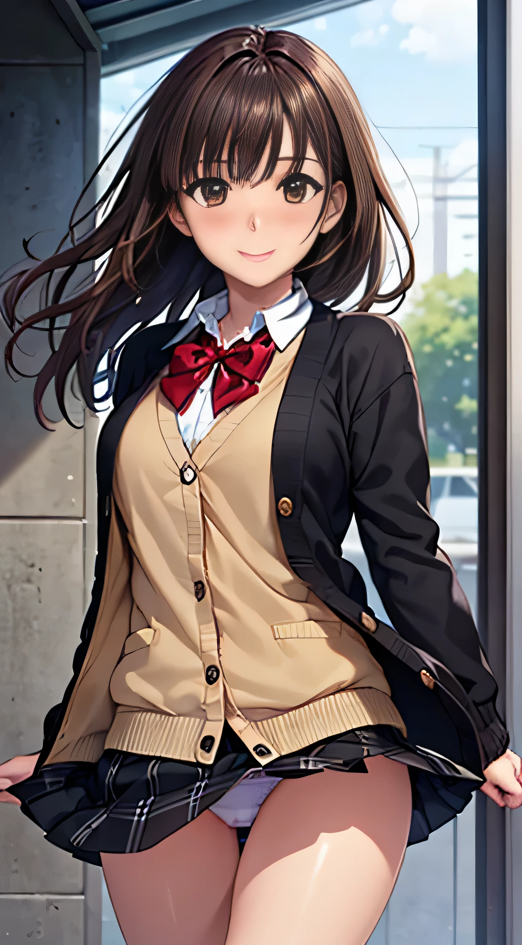 ((Tabletop, highest quality, High resolution, , Perfect Pixel, 4K,))), 1 high school girl, single, alone, beauty、The whole body is visible、 ((Mid-wave hair, bangs, Brown Hair)), ((Brown eyes, Beautiful eyelashes, Realistic eyes)), ((Detailed face, Blushing:1.2)), ((Smooth texture:0.75, Realistic texture:0.65, Realistic:1.1, Anime CG Style)), Medium Chest, Dynamic Angle, Perfect body, ((Red bow tie, , Black jacket, Open jacket, Brown cardigan, White shirt, Black Skirt, Check skirt)), 、、Very embarrassing panic smile, looked back、Leaning forward、The wind is blowing and my underwear is completely visible、Touch your buttocks with both hands、white and light blue floral lace panties、Angle from below)、