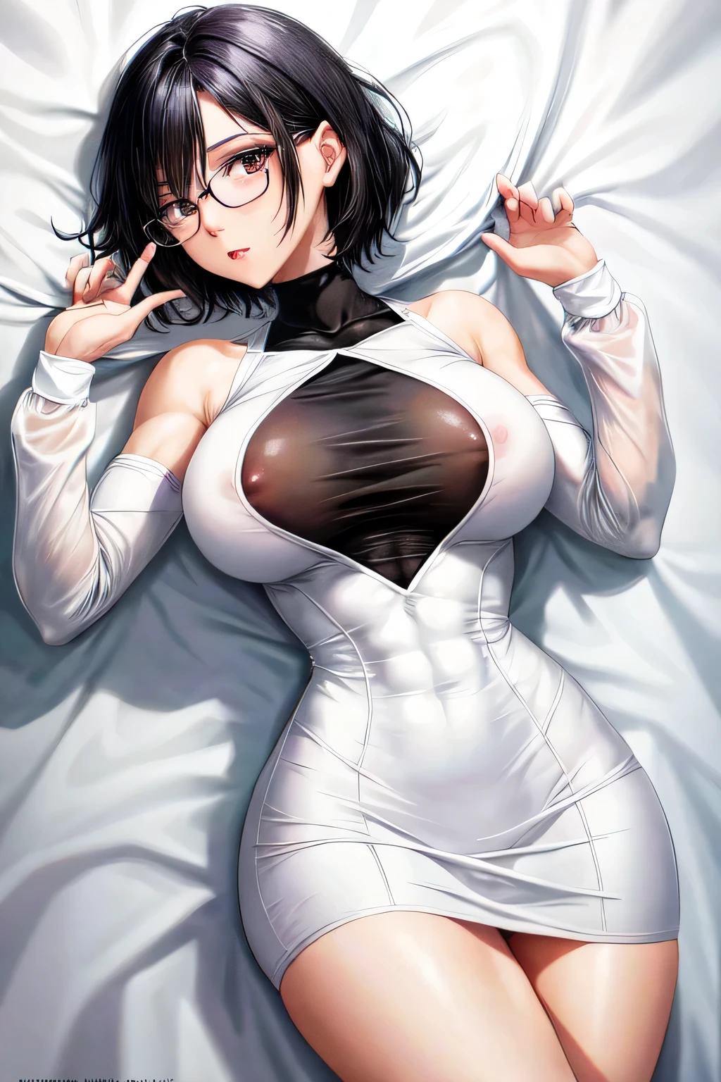 1 female,anime,lying,BREAK,very short black hair,glasses,Shape beauty,large beautiful breasts,thin abs,beautiful abs,((very slim body)),tight onepiece,((white dress)),large nipples,