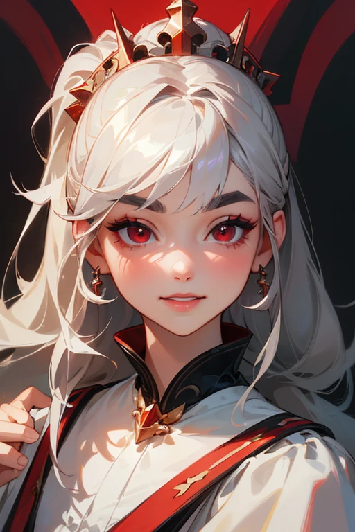 (highest quality, masterpiece:1.2), High resolution, 最高masterpiece、Very detailed, Realistic:1.37, Fantasy, An illustration,Gray Hair、 Red eyes、Queen, White Dress、Platinum decoration、beautifully、Eyeshadow Red、Thick eyebrows、Long eyelashes、pupils are black、shiny on the lips、Top Sites、Queen、Princess、ponytail、A kind smile、Show your teeth a little and smile、Soft impression、people々々々々Loved by、Slimming the face、Shoulder Bare、sexy、More detail、