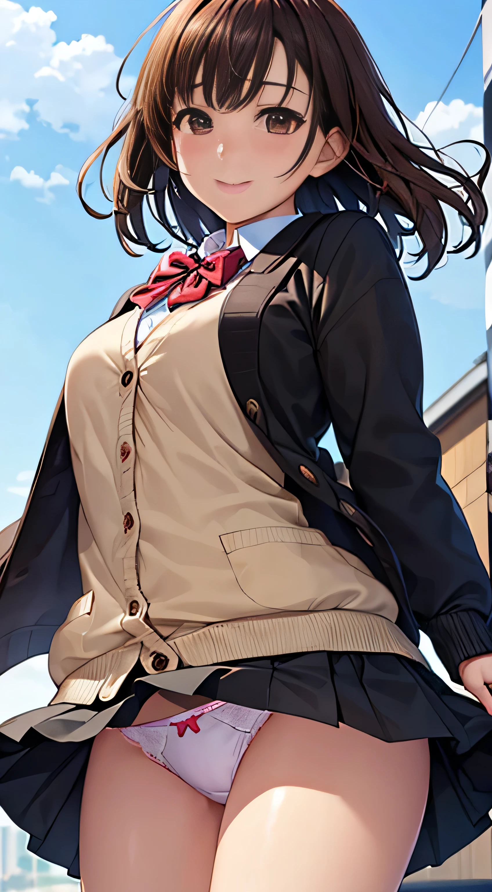 ((Tabletop, highest quality, High resolution, , Perfect Pixel,  4K,))), 1 high school girl, single, alone, beauty、The whole body is visible、 ((Mid-wave hair, bangs, Brown Hair)), ((Brown eyes, Beautiful eyelashes, Realistic eyes)), ((Detailed face, Blushing:1.2)), ((Smooth texture:0.75, Realistic texture:0.65, Realistic:1.1, Anime CG Style)), Medium Chest, Dynamic Angle, Perfect body,  ((Red bow tie, , Black jacket, Open jacket, Brown cardigan, White shirt, Black Skirt, Check skirt)), 、、Very embarrassing panic smile, looked back、Leaning forward、The wind is blowing and my underwear is completely visible、Touch your buttocks with both hands、White and pink floral lace panties、Angle from below)、