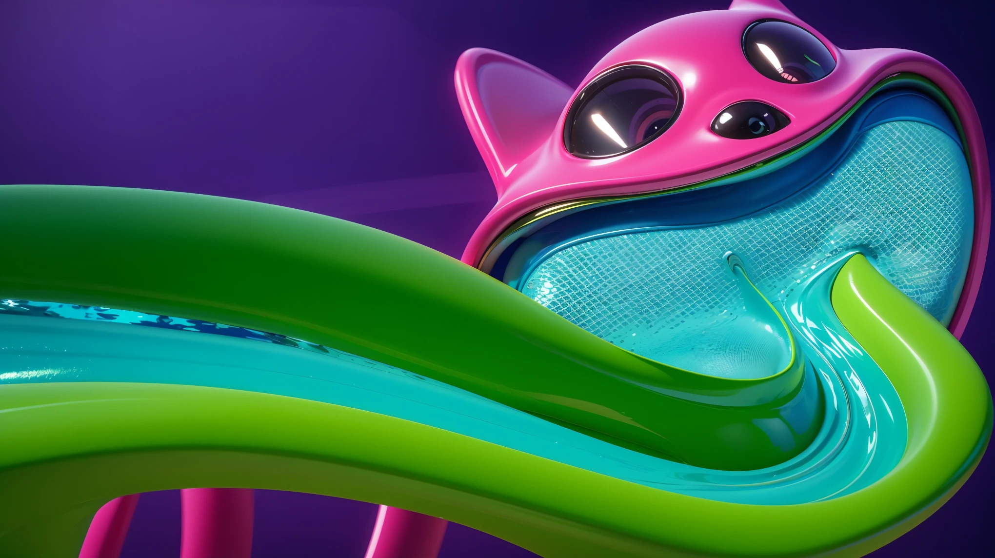A purple cat character with a pool of water in his mouth lies on a blue platform and looks up at a green water park slide. The image depicts three houses made of fish tails, sitting on the ocean floor. The left house is green, the middle one is purple, and the right one is orange. The image depicts a close-up of a large, metallic spider-like robot with six legs and a body that resembles a combine harvester. It stands on a blue floor and is facing a red wall.cartoon key frame rendering, cute 3D rendering, Shiny metallic, zbrush color rendering. perfect cgi, cgi art created only with gradients, smooth silhouette, high intensity refraction, (plastic material), most beautiful vfx, blue background, plastic refractions, glossy texture, smooth 3d model, multiple light sources, rim light, sharp post effects render, (glossy plastic texture with multiple big light probe refractions), perfect cgi, cgi art created only with gradients, smooth silhouette, high intensity refraction, (plastic material), most beautiful vfx, blue background, plastic refractionscartoon girl in a red skirt and blue shirt, Чаки style, animated character, dancing character, 3rd character render, April render, 3-й 3d underwater world algae sand. The image depicts a 3D rendered illustration of a boy and a girl with their hands shaped in the shape of a heart. They are both smiling and have red hair. The background is blue. cartoon characters stand next to each other, Electricsbunny, Holographic creatures, Beeple and Jeremiah Ketner, 🐋 as 🐘 as 🤖 as 👽 as 🐳, matte, Rabbids, cute 3D rendering, 3D icon for mobile game, robot rabbit, Shiny metallic, 3D персонажи violet cat toy, toy cat laying on glossy , glossy texture, smooth 3d model, multiple light sources, rim light, sharp post effects render, (glossy big light probe refractions), perfect cgi, cgi art created only with gradients, smooth silhouette, high intensity refraction, (metalic), most beautiful vfx, blue background
