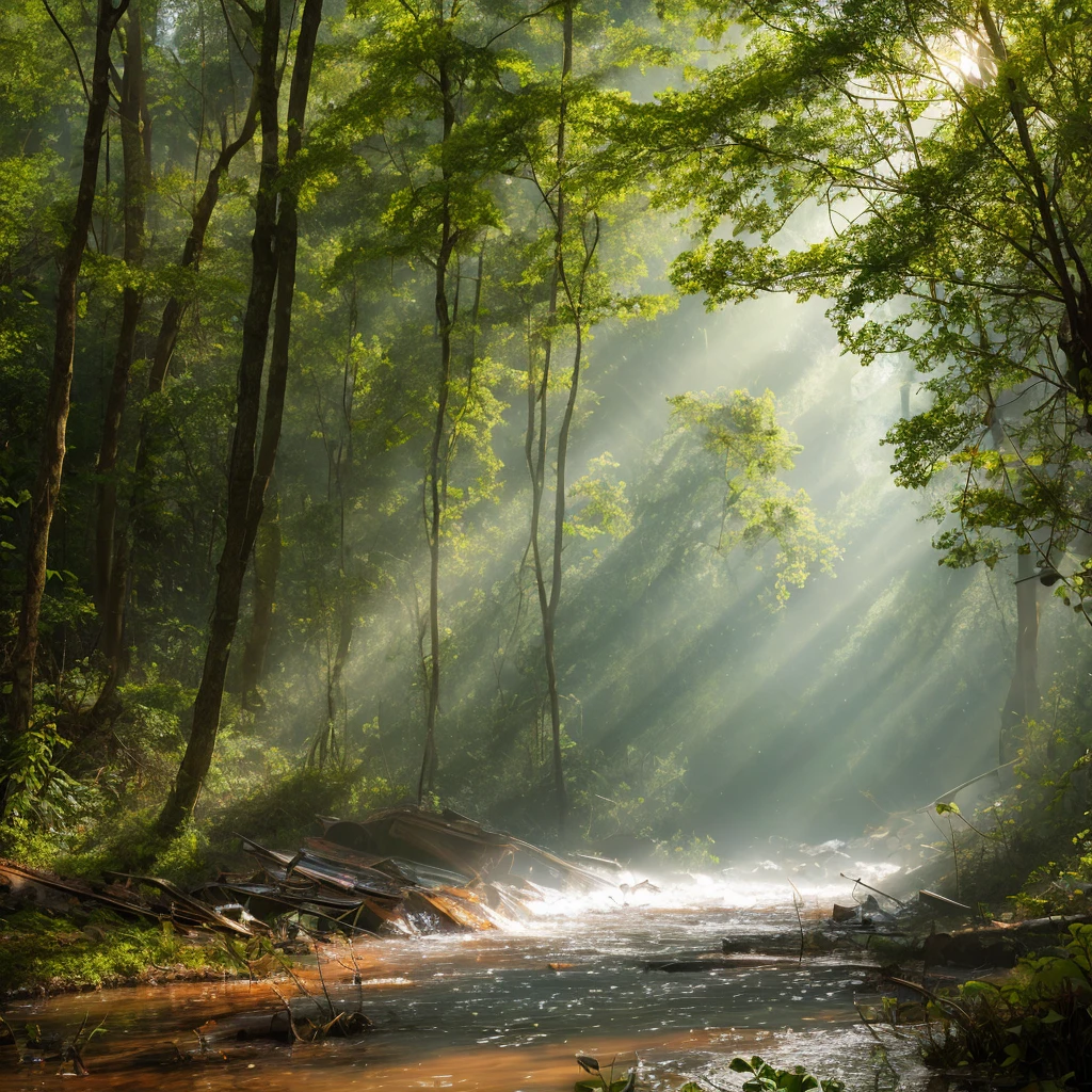 rusty airbus wreckage in a forest with water streaming covered with trees sunlight passing through a thin mist, best quality, ultra realistic, accurate details