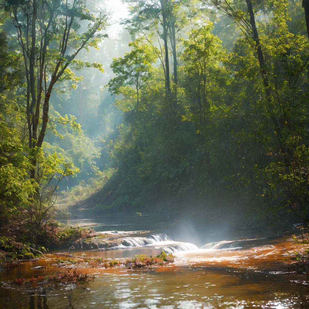 rusty airbus wreckage in a forest with water streaming covered with trees sunlight passing through a thin mist, best quality, ultra realistic, accurate details