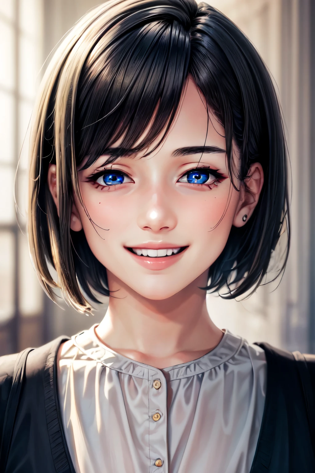 (Browsing Caution:-1), (masterpiece:1.3), (8k, Realistic, RAW Photos, highest quality: 1.4), (One girl), Beautiful Face, (Realistic Face), Beautiful hairstyle, (short hair :1.5), Realistic eyes, Beautiful fine details, (Realistic Skin), Beautiful Skin, (blouse), Absurd, Charm, Ultra-high resolution, Ultra-realistic, Very detailed, Golden Ratio, Laughing expression,Smile cheerfully,