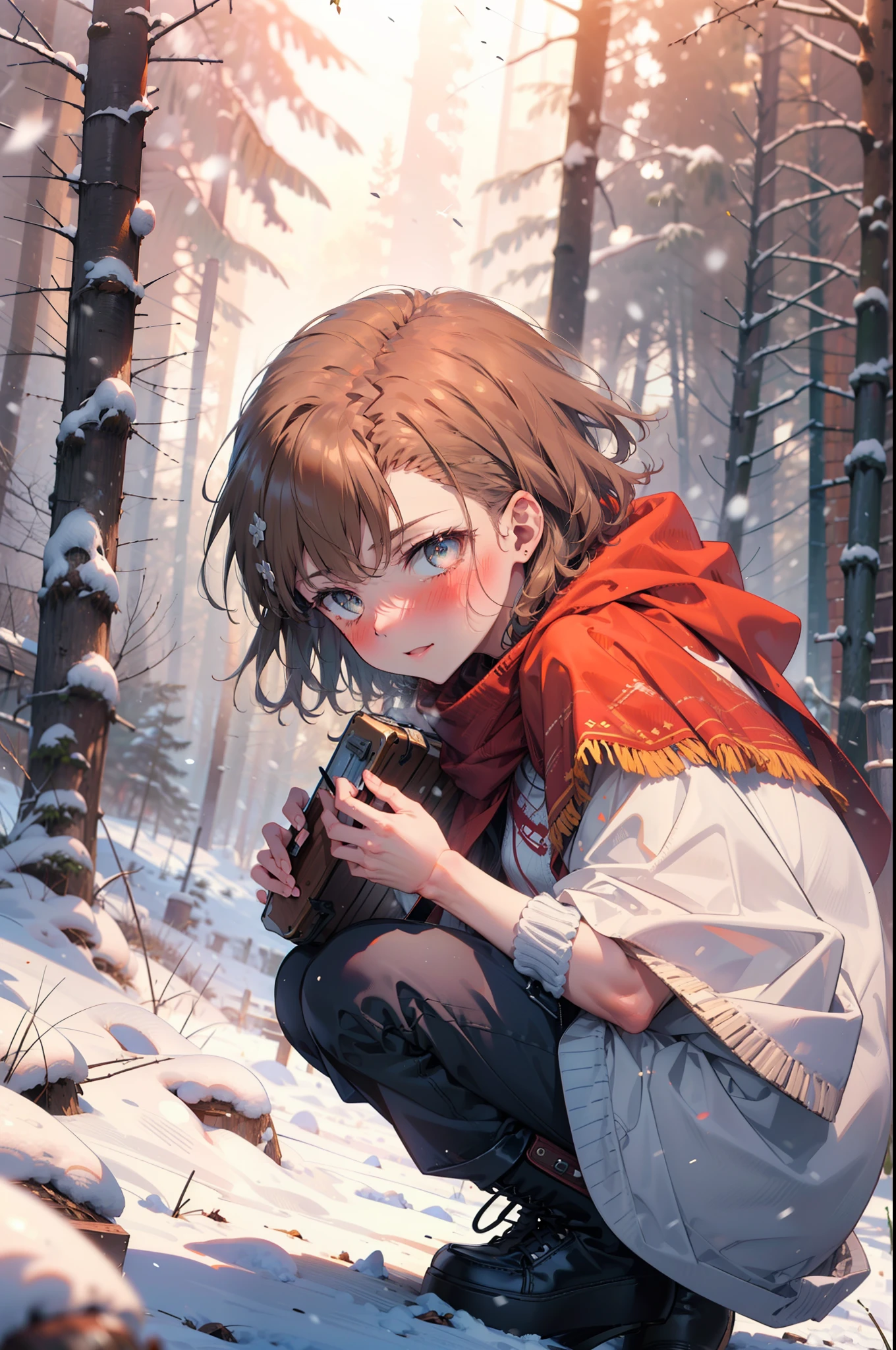 Mycotrose, Brown eyes,Brown Hair,short hair,smile,blush,White Breath,
Open your mouth,snow,Ground bonfire, Outdoor, boots, snowing, From the side, wood, suitcase, Cape, Blurred, Eat a meal, forest, White handbag, nature,  Squat, Mouth closed, Cape, winter, Written boundary depth, Black shoes, red Cape break looking at viewer, Upper Body, whole body, break Outdoor, forest, nature, break (masterpiece:1.2), highest quality, High resolution, unity 8k wallpaper, (shape:0.8), (Beautiful and beautiful eyes:1.6), Highly detailed face, Perfect lighting, Highly detailed CG, (Perfect hands, Perfect Anatomy),