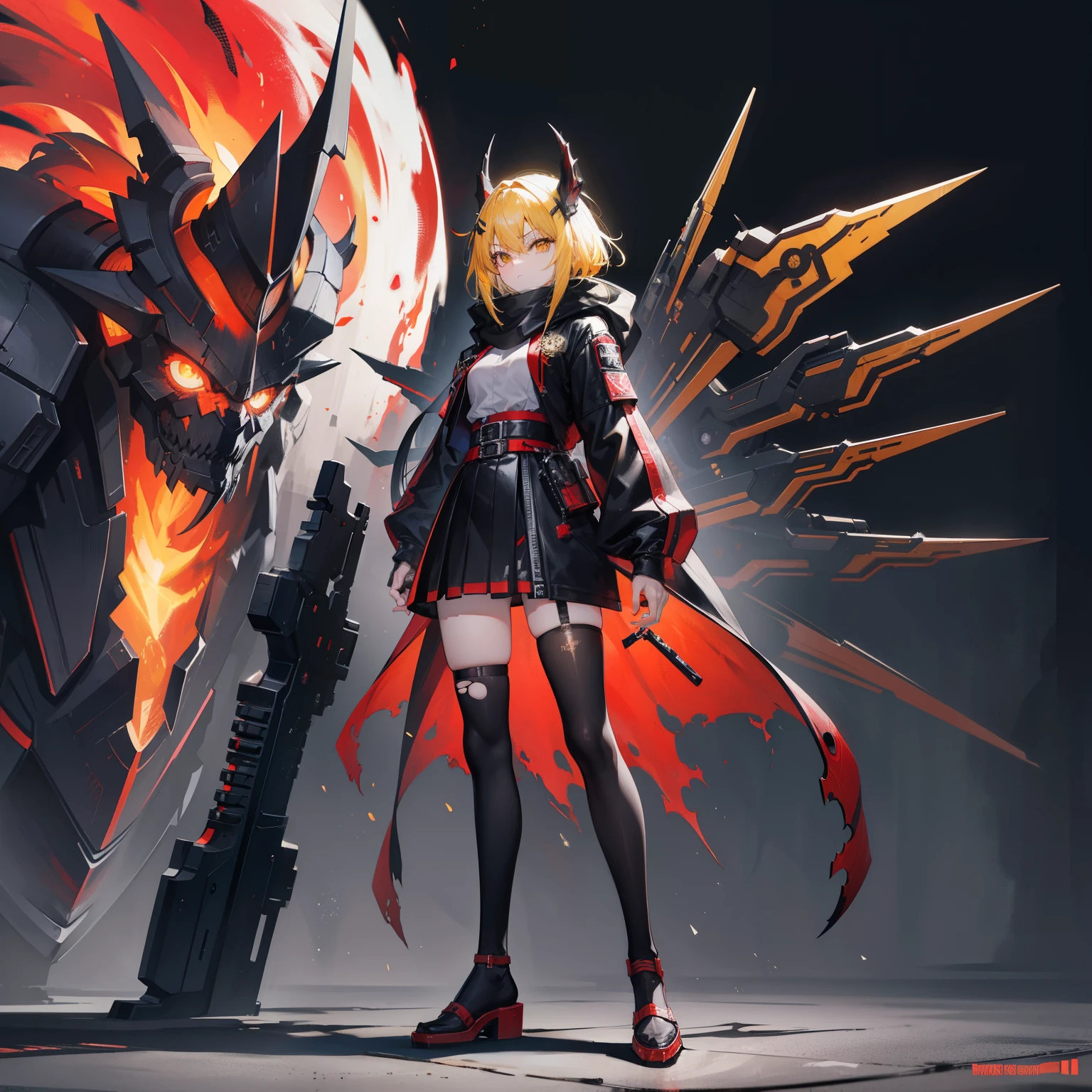(masterpiece, highest quality), (Detailed Hair), Very detailed, Anime Style, whole body, alone, Concept Art, Science Fantasy Combat Girl, Neck-length black and yellow hair, Golden Eyes, His right hand has been modified into a deadly cybernetic claw.. Black jacket, Torn red scarf, Cyber Horned, Wearing tabi socks, White Background, whole body, Standing in the wasteland,Very beautiful samurai