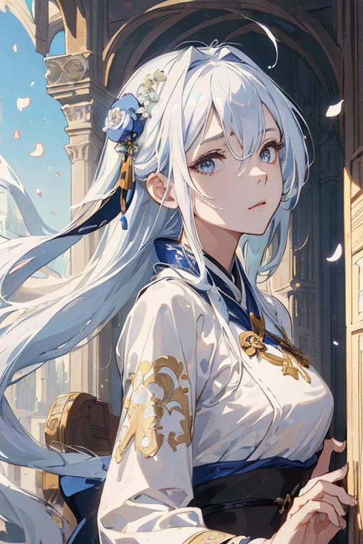 (masuter piece, Best Quality, hight resolution:1.4), European girl,portlate,Eyes of Gold,Blue-white hair,Floating hair,Delicate and flexible eyes,intricate damask hanfu,Luxury Accessories,Architecture of medieval Europe,flower petals flying,Frontal portrait shot,Sunlight