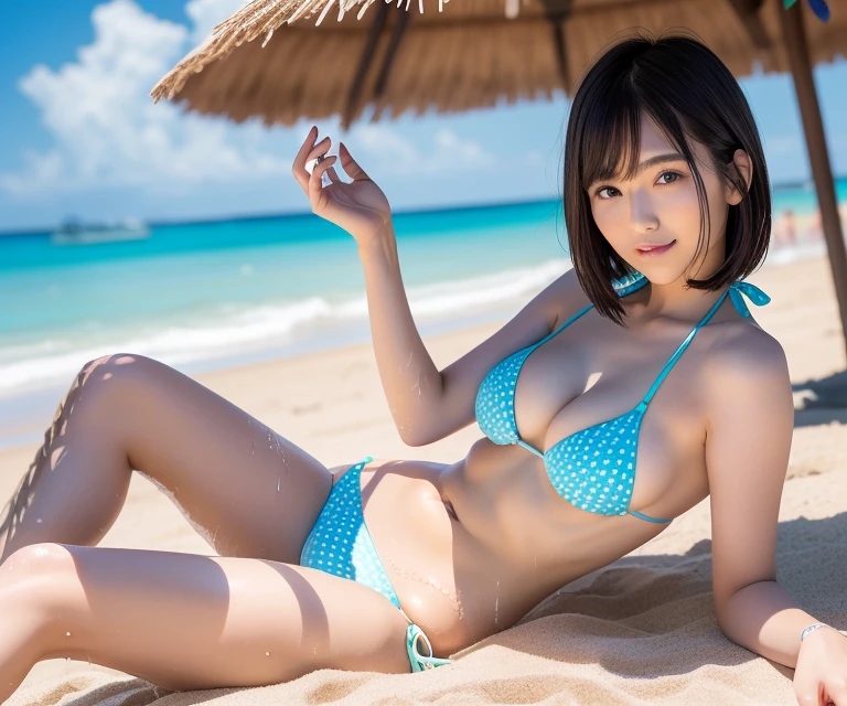 8k, (best quality), (masterpiece), full body, very detailed, high resolution, 8k, (normal breasts), thin lips, detailed face, cute Japanese woman, cute 24 year old beauty, beautiful and graceful face, Cute face, natural bangs, arched eyebrows, well-groomed eyebrows, (big eyes with balanced left and right sides), cute eyes, beautiful eyes, beautiful thin nose, beautiful face line, beautiful skin, medium bob hair, natural bangs, Slim face, slim figure, (looking at the camera with a gentle smile), lighting on the face, bright lighting, professional lighting, forward lighting, (wearing a micro bikini), beautiful cleavage, wet hair , wet skin, a swimsuit that looks like underwear, beautiful legs, smooth skin, slim and beautiful thighs, ((Bathing on the beach wearing a micro bikini)), a summer morning, a sea without waves, (light shining on my face) , beautiful cleavage, 1 girl, cute and sexy slim 24 year old woman, fair skin, (cute smile), pure white beautiful sand, tropical beach, Micro bikini with random colors, Micro bikini with random pattern,
