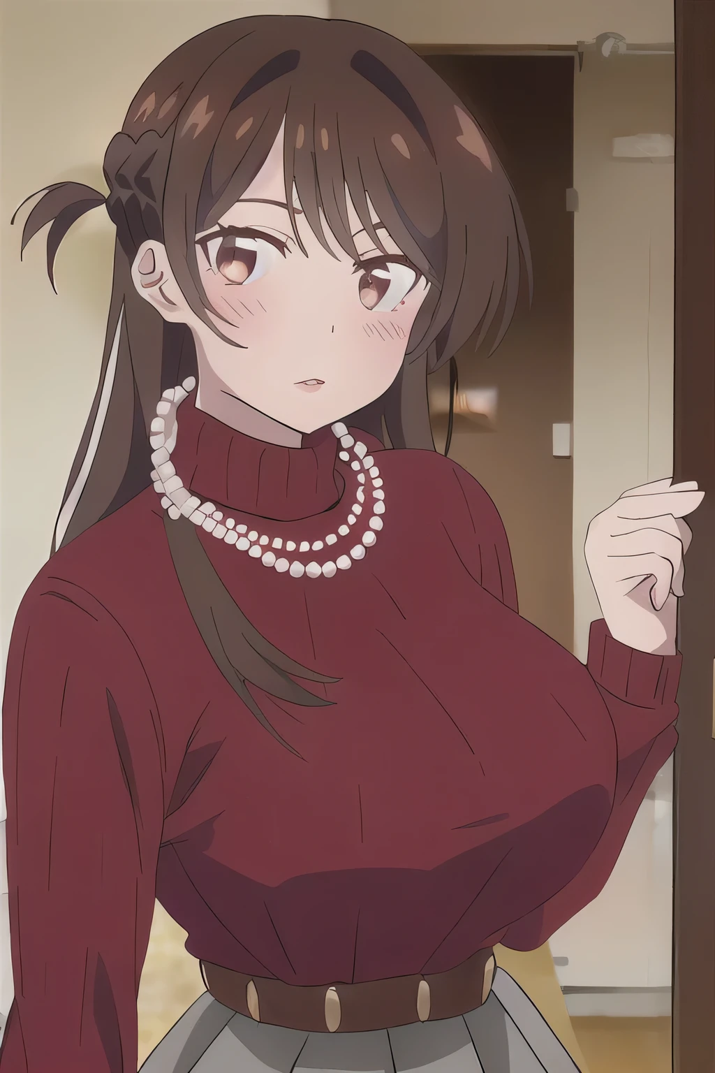 chizuru, 1girl, solo, long_hair, breasts, looking_at_viewer, blush, open_mouth, bangs, skirt, huge_breasts, brown_hair, shirt, black_hair, long_sleeves, brown_eyes, jewelry, upper_body, braid, pleated_skirt, parted_lips, belt, indoors, necklace, sweater, turtleneck, one_side_up, white_skirt, grey_skirt, ribbed_sweater, beads, turtleneck_sweater, door, bead_necklace, red_sweater, pearl_necklace