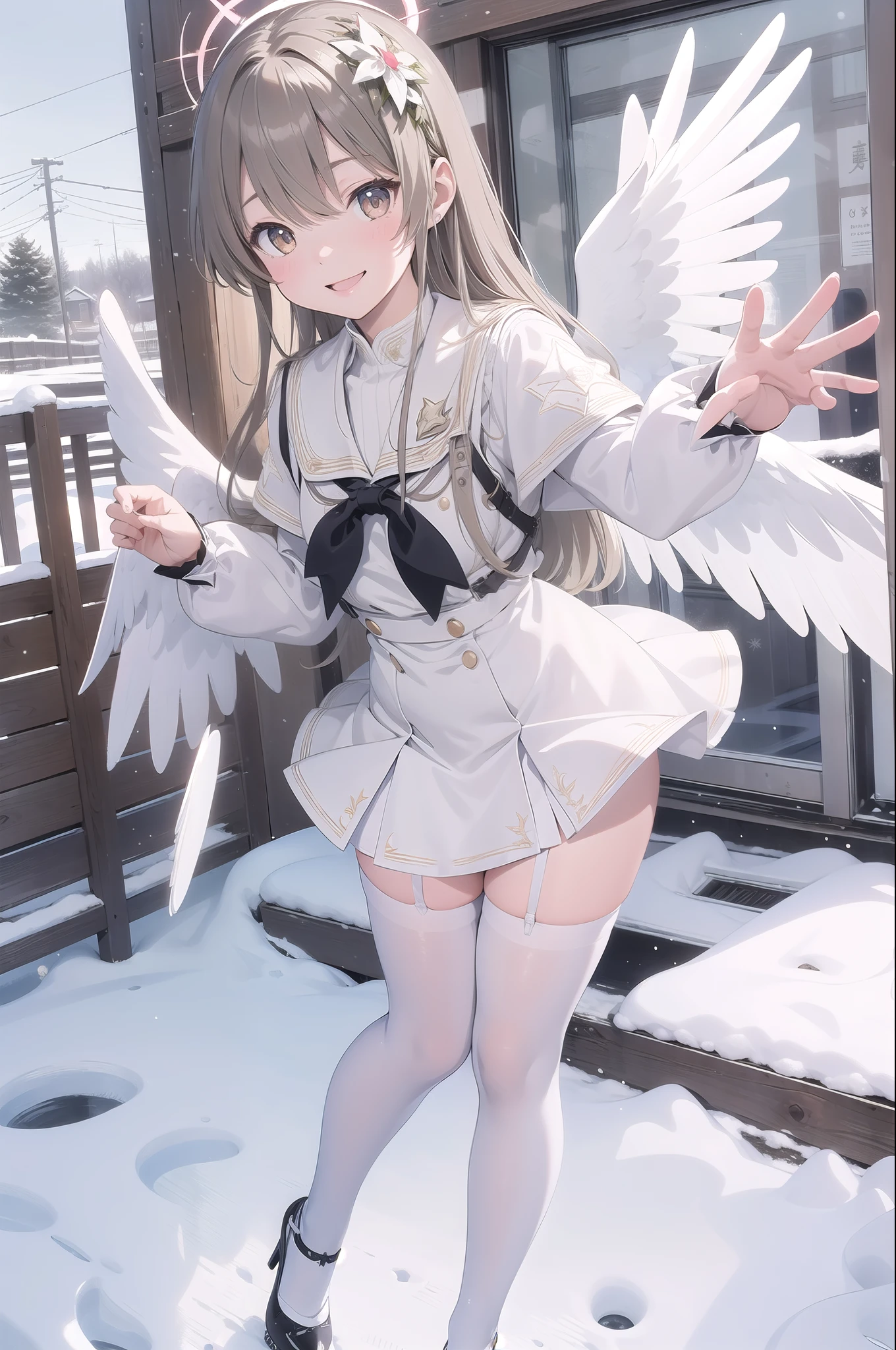 (masterpiece:1.3), (absurdres:1.3), (best quality:1.3), (ultra-detailed:1.3), snow, (((Snowfield))), full body, waving, smile, 1girl, nagisa-fi, halo, white wings, long sleeves, white dress, sailor collar, capelet, white skirt, black pantyhose, white high heels,Big angel wings、Big Wings、Floating in the sky、Floating in the air、Ultra-slim legs、((Amazingly cute))、White panties are visible、Wears thin-framed glasses、