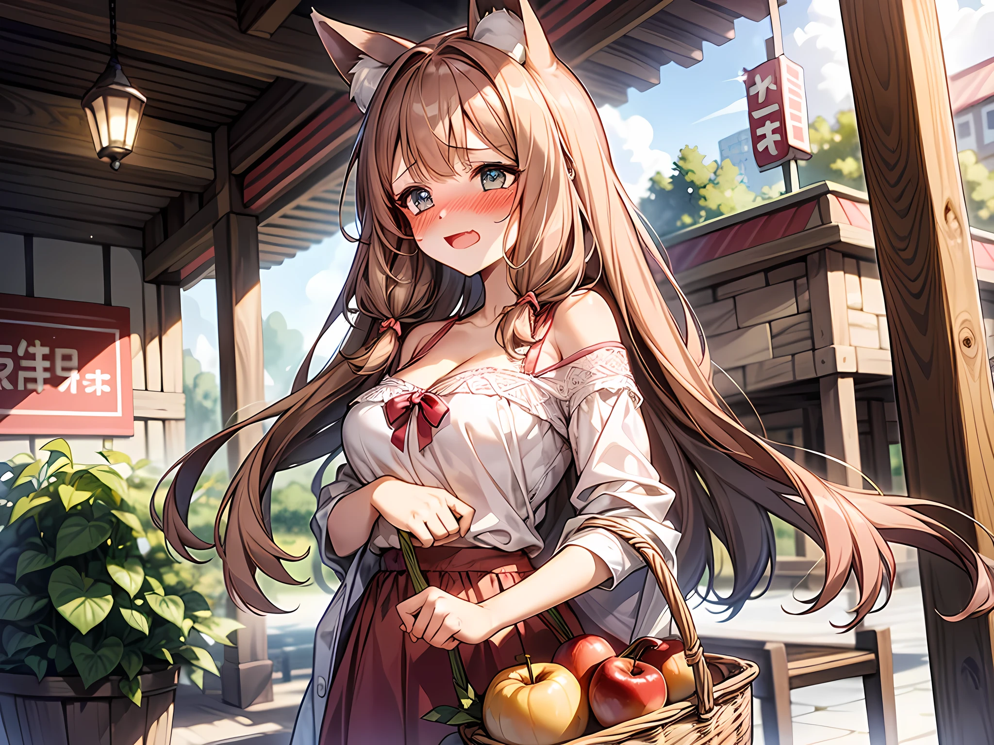 A basket of masterpieces, Best quality, high resolution, 1girll, Solo, Oversized fox tail,Long brown hair,close eyes,Small flower headdresodern architecture,Buy vegetable at the supermarket_The girl puts the red apple in the basket of the supermarket,Dressed in pink and white casual clothes,smile,Basket handle on the arm,cleavage, face to detail, detailed eyes, eyes extremely detailed, (half-body:0.6), (blushing: 1.5), open mouth, cleavage, sexy, big breast
