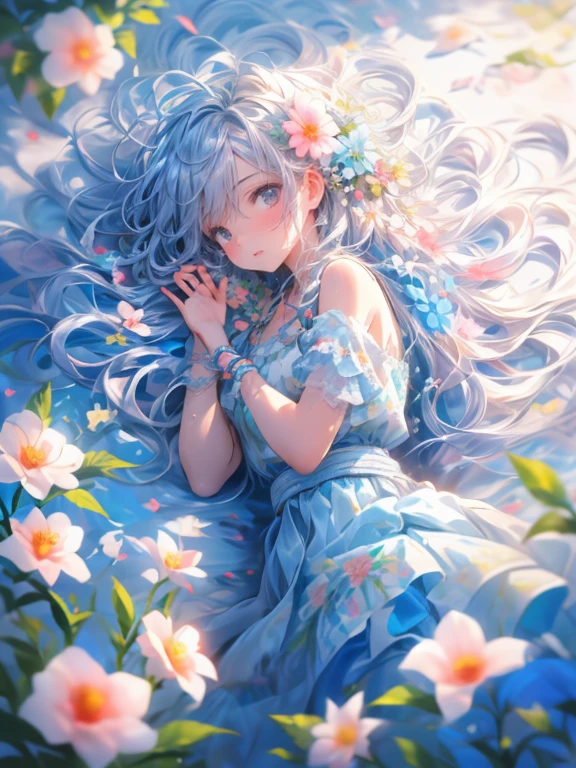 masterpiece:1.2, 8k, (best quality,ultra-detailed,photorealistic:1.37),1girl, soft light, cute girllying on a bed covered with a multitude of flowers,soft and delicate petals,fragrant blossoms,an abundance of colorful blooms,freshly picked flowers scattered on the bed,beautifully arranged flower arrangement,romantic and dreamy atmosphere,vibrant and vivid flower colors,a bed filled with flowers of various types and sizes,exquisite floral patterns,HDR,UHD,studio lighting,flower petals gently falling in the air,subtle play of light and shadow among the flowers,detailed textures of the flower petals,pure white linen sheets contrasting with the vibrant flowers,meticulous attention to the smallest details,colorful bokeh in the background,an aura of tranquility and peace,perfectly captured beauty of the flowers,artistic and enchanting composition,variety of flower species,playful and whimsical ambiance,feeling of being surrounded by nature's beauty,serene and inviting atmosphere,meticulously hand-painted flowers,impeccable realism,strong floral fragrance in the air.