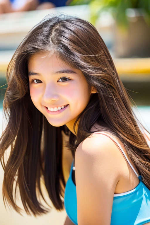 highest quality Real beautiful girl Cute face 15 Talented Girl Gal Makeup Brown Hair Sunburned skin whole body Back view Swimwear Beautiful Skin smile low length students high school student Japanese