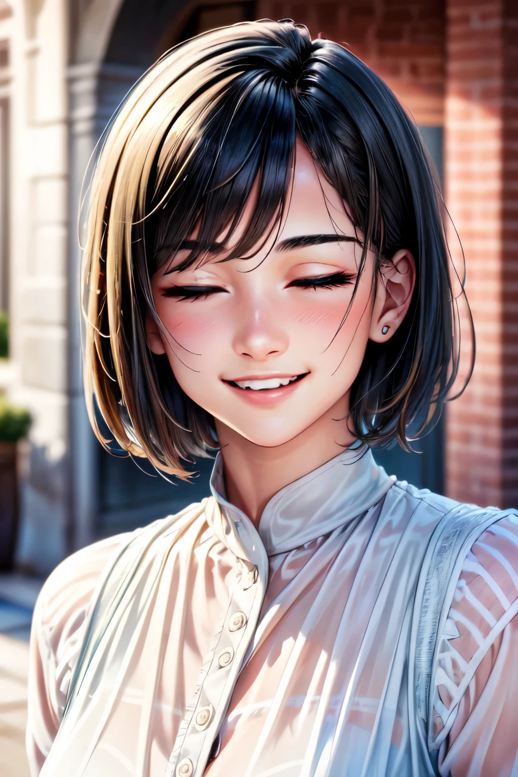 (Browsing Caution:-1), (masterpiece:1.3), (8k, Realistic, RAW Photos, highest quality: 1.4), (One girl), Beautiful Face, (Realistic Face), Beautiful hairstyle, (short hair :1.5), Realistic eyes, Beautiful fine details, (Realistic Skin), Beautiful Skin, (blouse), Absurd, Charm, Ultra-high resolution, Ultra-realistic, Very detailed, Golden Ratio, Laughing expression,Smile cheerfully,Eyes closed,
