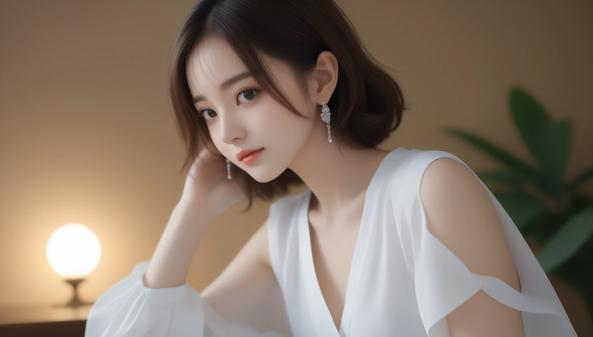 8K, Ultra-high resolution, highest quality, masterpiece, Surreal, photograph, 1 girl, (:1.3), pretty girl, Cute face, Beautiful eyes in every detail,masterpiece,(Small round breasts, Perfect Anatomy:1.4), (short hair, Wavy Hair, whole body:1.1), (Office Lady Suits:1.4), whole body, RAWphotograph, Very delicate and beautiful, Tabletop, highest quality, Ultra-high resolution, 16K, Surreal, 非常にdetailedな, 非常にdetailedな CG 8k 壁紙, Beautiful lighting, Perfect Lightning, Realistic Shadows, 非常にdetailedな shiny skin, Perfect figure, Japanese women, Late 20s, The body is slim, Slim abdomen, very small head, ハンサムなdetailedな女性, 非常にdetailedな目と顔, Realistic Face Proportions, Stunning eye for detail, Realistic beautiful face, Very small face, Realistic small beautiful eyes, double eyelid, compensate, Teardrop Mole, Mole on chest, Earrings, barefoot, beautiful and very thin legs, Beautiful and very slim thighs, Tight waist, (Cleavage, Soft abdomen, Thin clavicle, Off the shoulder:0), 、Look at the audience、beauty,Long neck、Smile a little、Please close your mouth and laugh、(((Ideal body proportions))),A cup small breasts :2,、Portraiture:2、Perfect Anatomy、Vivid details、detailed、Surreal、Light and shadow,Strong light,Fashion magazine cover,Thin lips