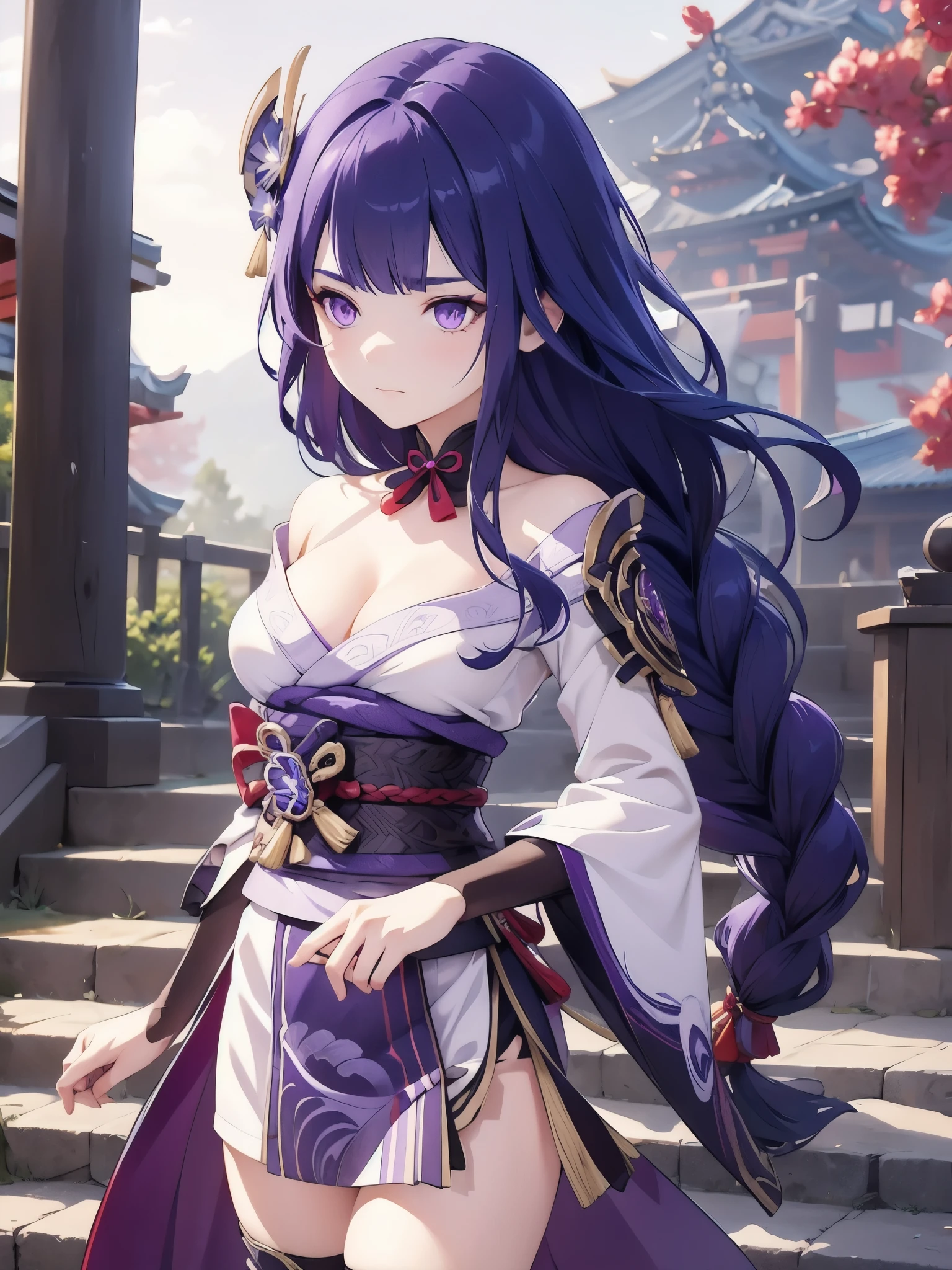 shogun, 1girl, solo, long hair, looking at viewer, hair ornament, thighhighs, long sleeves, ribbon, holding, cleavage, closed mouth, purple eyes, weapon, purple hair, braid, flower, japanese clothes, sword, wide sleeves, kimono, holding weapon, armor, mole, blurry, sash, mole under eye, holding sword, obi, shoulder armor, tassel, bridal gauntlets, stairs, purple flower, vision (genshin impact), obijime, tomoe (symbol), obiage, mitsudomoe (shape)