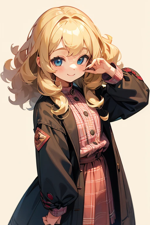 Caucasian girl with blonde curly hair, Cute clothes、Checked clothes、Young Girl、smile、